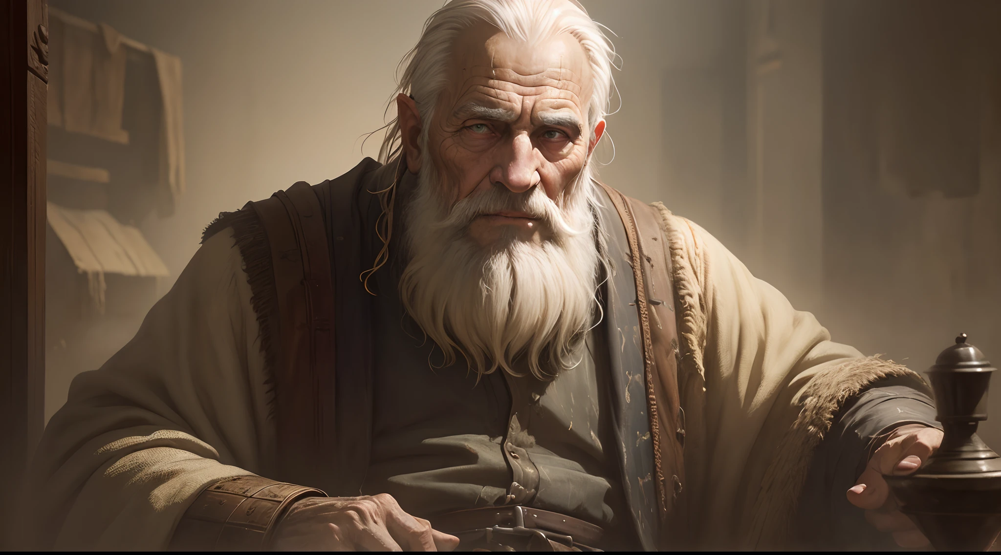 an old man, greedy, biblical times, oil painting, detailed facial wrinkles, heavy clothing, dusty environment, dimly lit, rich colors, religious themes, dramatic lighting effects, textured brushstrokes, aged appearance, fine details, high-quality resolution