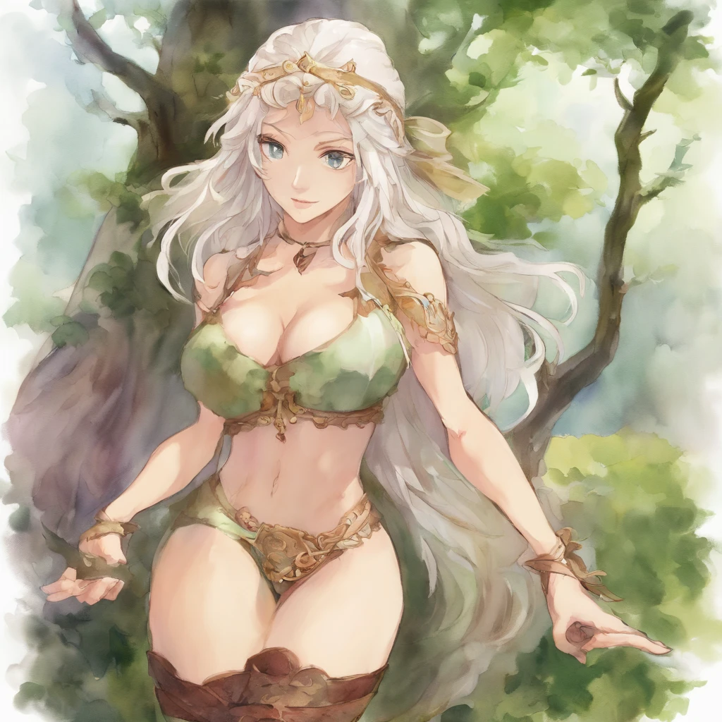 Illustration of ((gigantic breasts)), huge breasts, massive natural breasts, scantly clad female knight, long flowing white hair, mature woman, milf, sexy, seductive, alluring, erotic, nsfw, wearing black leather body straps harness, Micro thong, masterpiece, sketch, [[soft watercolour painting]], ancient ruins, moss, nature, shallow water, looking at viewer teasing you with her breasts, anime, detailed face, detailed eyes, detailed face, ultra detailed, ((anime)),