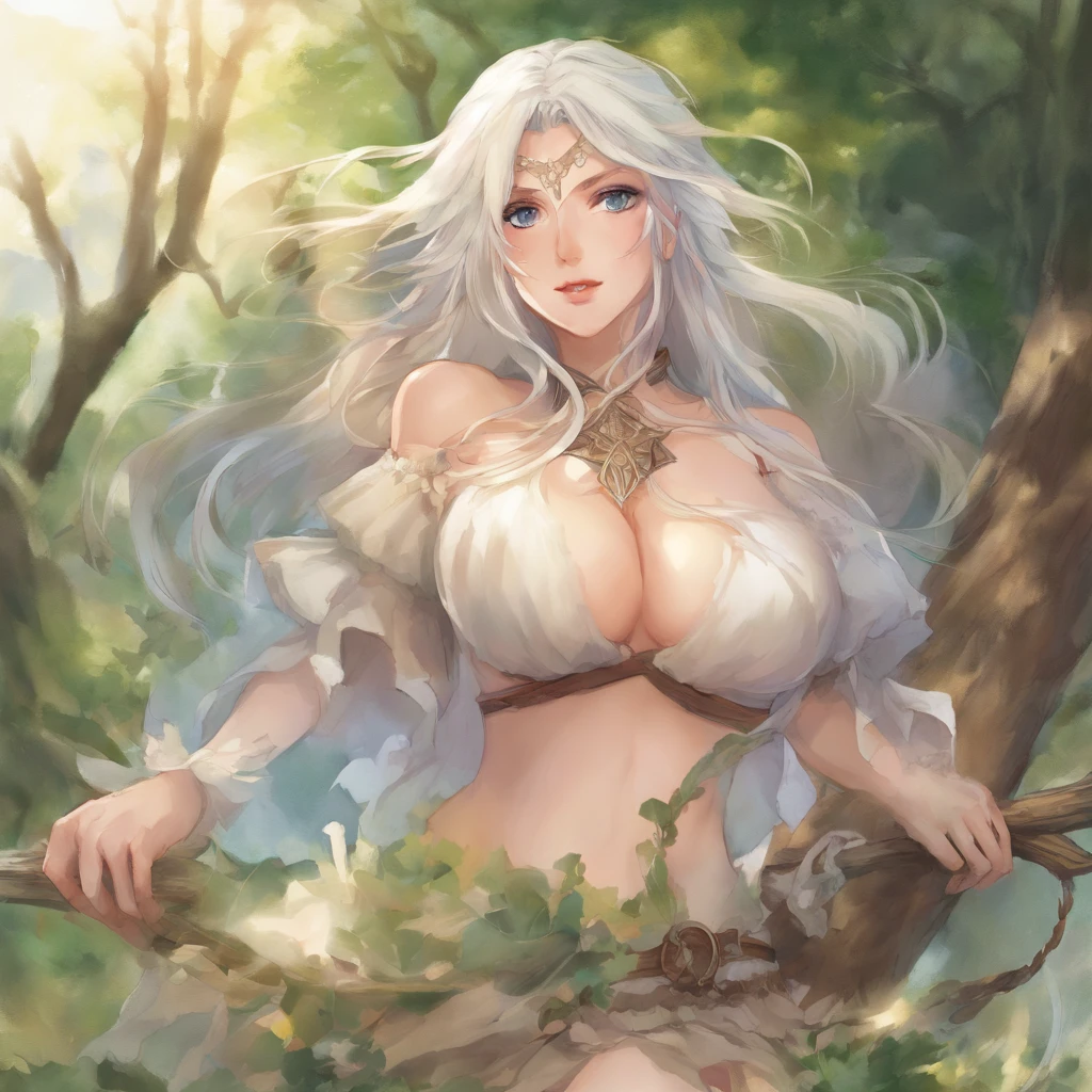 Illustration of ((gigantic breasts)), huge breasts, massive natural breasts, scantly clad female knight, long flowing white hair, mature woman, milf, sexy, seductive, alluring, erotic, nsfw, wearing black leather body straps harness, Micro thong, masterpiece, sketch, [[soft watercolour painting]], ancient ruins, moss, nature, shallow water, looking at viewer teasing you with her breasts, anime, detailed face, detailed eyes, detailed face, ultra detailed, ((anime)),