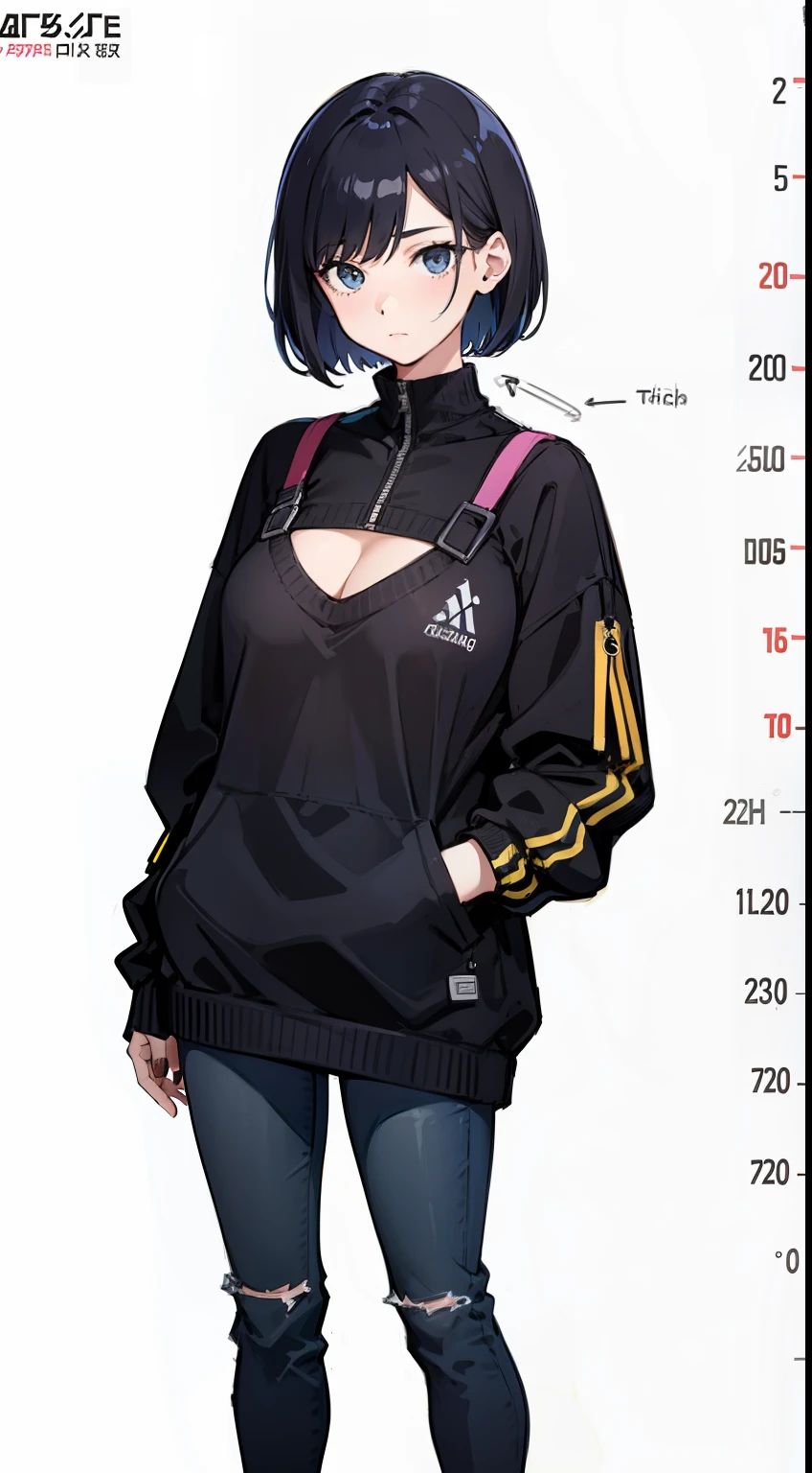 arte oficial, Sketch line diagram, girl standing in a lab, short bob cut hair, sweater with a triangle cut to show of cleavage
