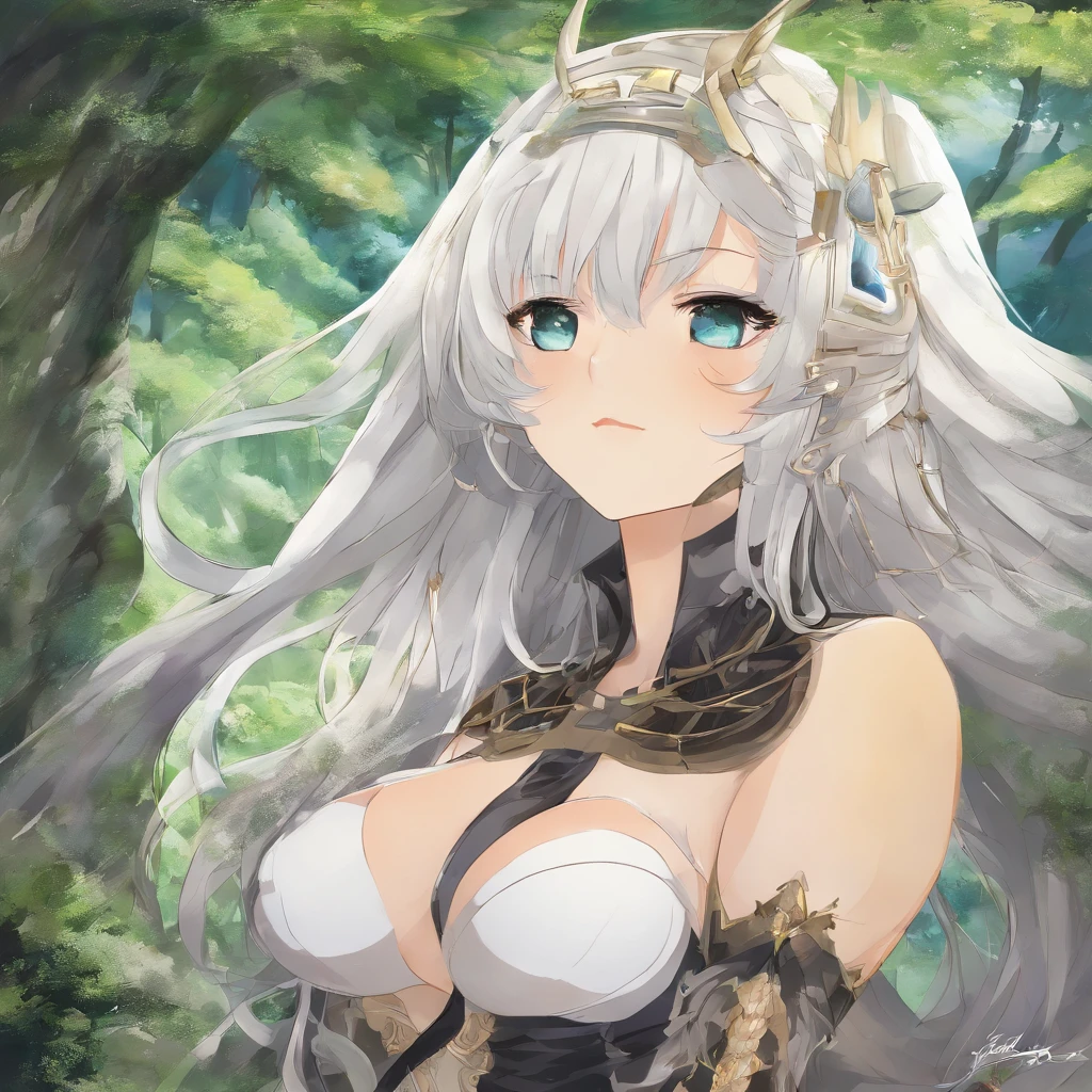 Illustration of ((gigantic breasts)), huge breasts, scantly clad female knight, long flowing white hair, mature woman, milf, sexy, seductive, alluring, erotic, nsfw, wearing black leather body straps harness, Micro thong, masterpiece, sketch, [[soft watercolour painting]], ancient ruins, moss, nature, shallow water, looking at viewer teasing you with her breasts, anime, detailed face, detailed eyes, detailed face, ultra detailed, ((anime)), cowboy shot