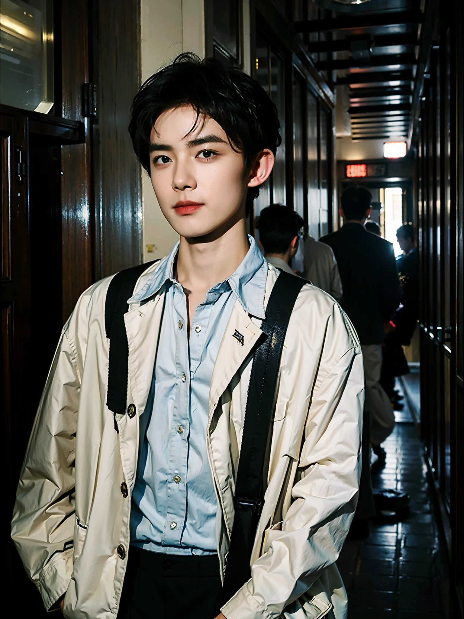 best qualtiy, 超高分辨率, (realisticlying:1.4), tmasterpiece, Kodak Portra 400, blur backgroun , schools,(Face focus:1.3),1boys ,white skinned, Blue and white school uniform,posing on a, looking at viewert , sface focus