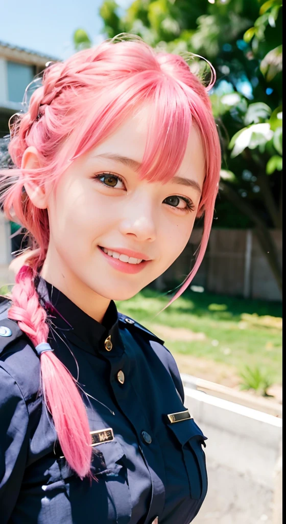 (ultra-detailliert), police uniform with、Blue eyes,The upper part of the body、a closeup、faces、(A smile:1.5),(facing front:1.2), 18year old, teens girl,no tail,(no tail),2D, masterpiece, top-quality, animesque, A detailed eye, A detailed face, girl with, Only 1 person,Medium hair with pink hair, (Pink hair), Ear Hair, small tits, Single braid, (Single braid), (Side braid), The background is in front of the building