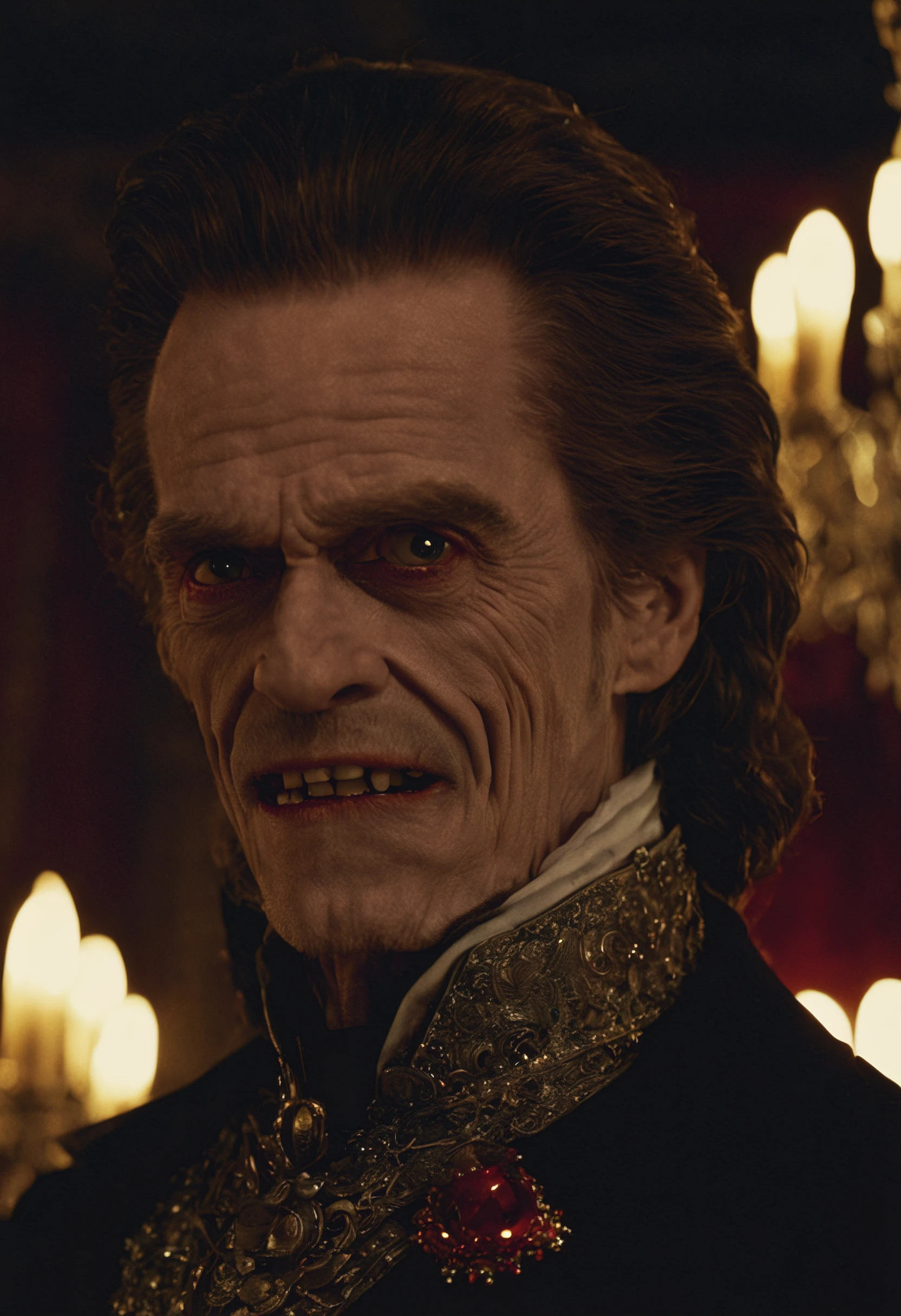 closeup cinematic still of (Willem Dafoe) as dracula, toothy grin with long canine-teeth bared, (1800s) inside creepy mansion, red, chandelier, standing glaring, perfect eyes, detailed face, foreboding, menacing, sinister, creepy, (bram stokers dracula movie), analog, high saturation