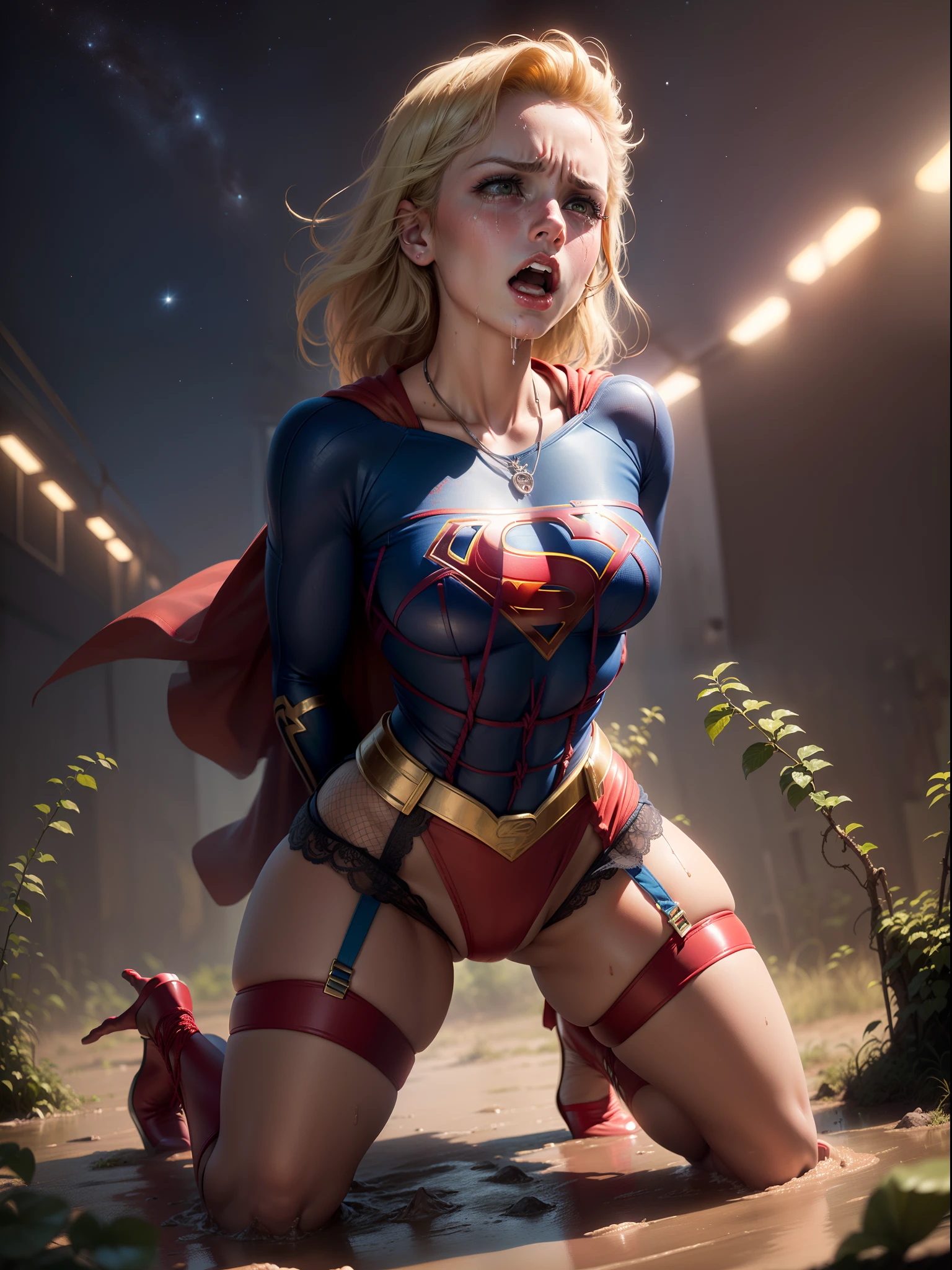 (Retrato da Supergirl), ((ela tem cabelos loiros)), ((Ela tem cabelos longos)), ((It is perched on top of thorny vines in outer space)), (She's wearing stiletto high heels), (), ((SUPERHEROINE SUPERGIRL HALF SQUAT, pernas abertas)) (She's screaming in terror) , (She's terrified), (She's crying a lot), ((She's wearing a Fishnet garter belt)), ((Wearing a thick metal necklace around the neck )), (She screams and begs for mercy), (Ela cai no choro), (Your clothes are immoral, your clothes are indecent). (((Shibari, arms behind back:1.4))), (((hands on back))), ((amarrada por cordas)), ((totalmente contida por cordas)), ((hands tied back)), (obra-prima, melhor qualidade) 1.5, 1girl, sozinho, (sexy, mulher bonita, rosto perfeito, olhos perfeitos), corpo inteiro, ((High Definition Face)). (((SUPERGIRL is forced to stand on all fours in the mud, She's wearing supergirl's lacy panties, she's drooling))).
