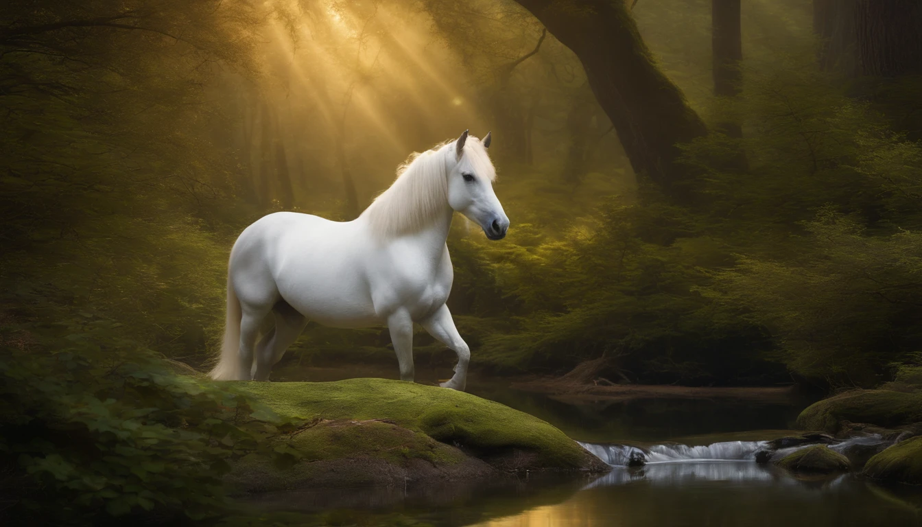 "Imagine an enchanting, magical forest illuminated by a radiant, iridescent moonlight that paints the landscape in surreal hues. The trees are adorned with ethereal, glowing foliage, creating an otherworldly ambiance. In the midst of this enchanted forest, envision a majestic unicorn gracefully prancing among delicate flowers that emit soft, twinkling lights. The unicorn's mane and tail flow with a mesmerizing, iridescent glow, and a gentle stream weaves through the forest, shimmering with the light of a thousand stars. Include a softly lit, ornate mirror placed against a mossy tree, reflecting the unicorn and its surroundings, adding an extra layer of mystery and magic to this surreal scene."