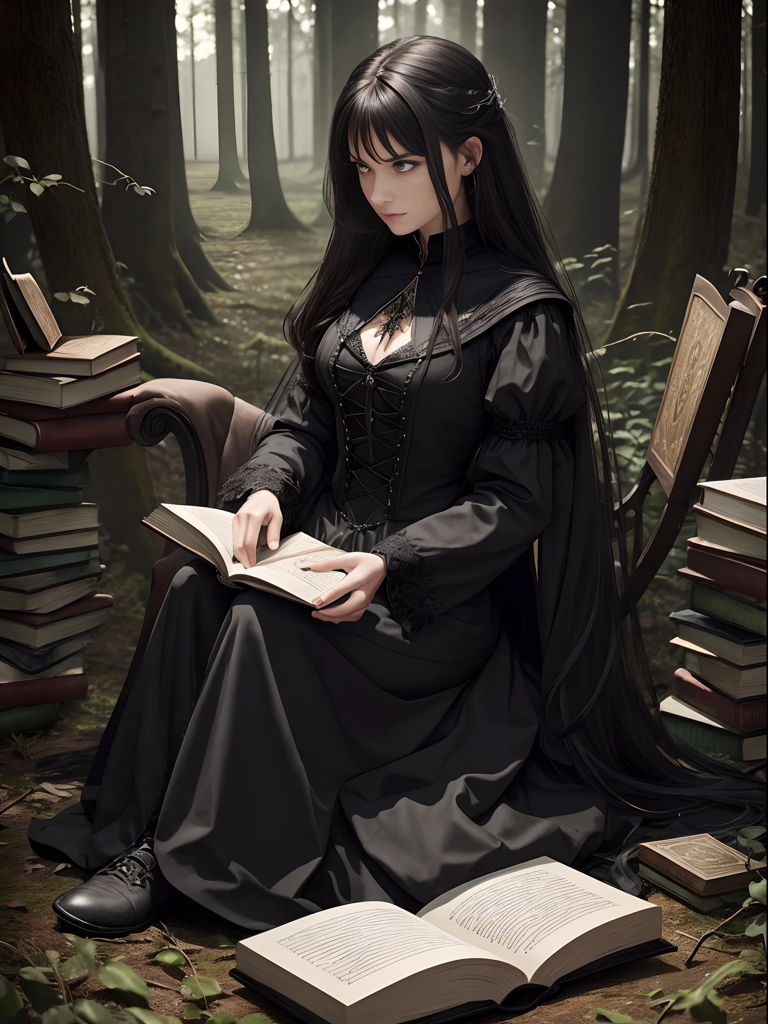 a woman sitting on the ground surrounded by books, flying books, books flying around, spell casting, spell book pose, black gothic dress. Angry face, high quality fantasy, flying magic books, book portrait, dramatic reading book pose, reading, sitting in the forrest