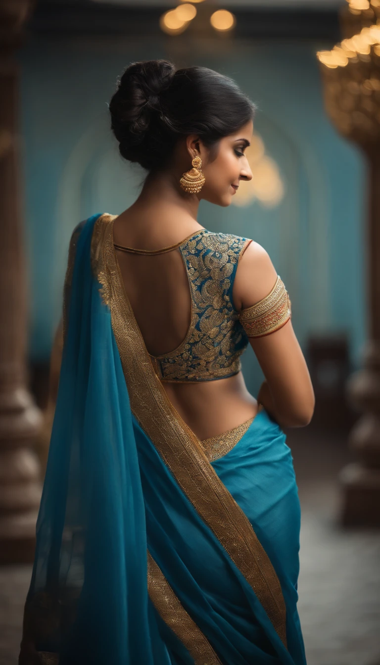 there is a woman looking out a window, back pose, backview, showing her shoulder from back, indian goddess, shot from the back, from the back, back - view, view from the back, traditional beauty, very seductive pose, back lit, godess, back view also, back view!!, back light, girl ,big bum, full hd , no wearing cloth