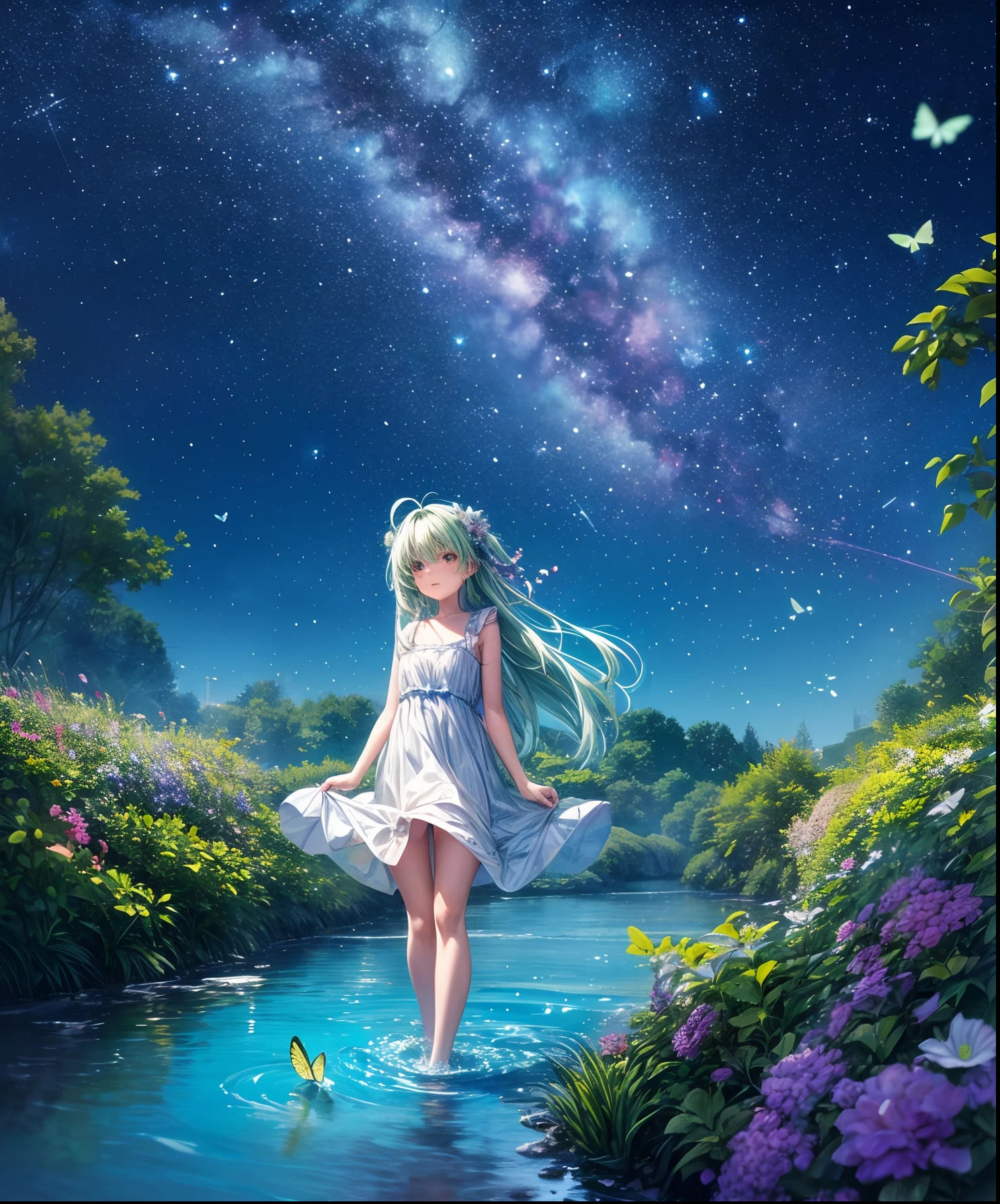 Cute girl characters、Describes a scene with grassy butterflies lying on the water flying around, Looking up at the starry sky. Surround her with colorful nebulae and her favorite constellations.