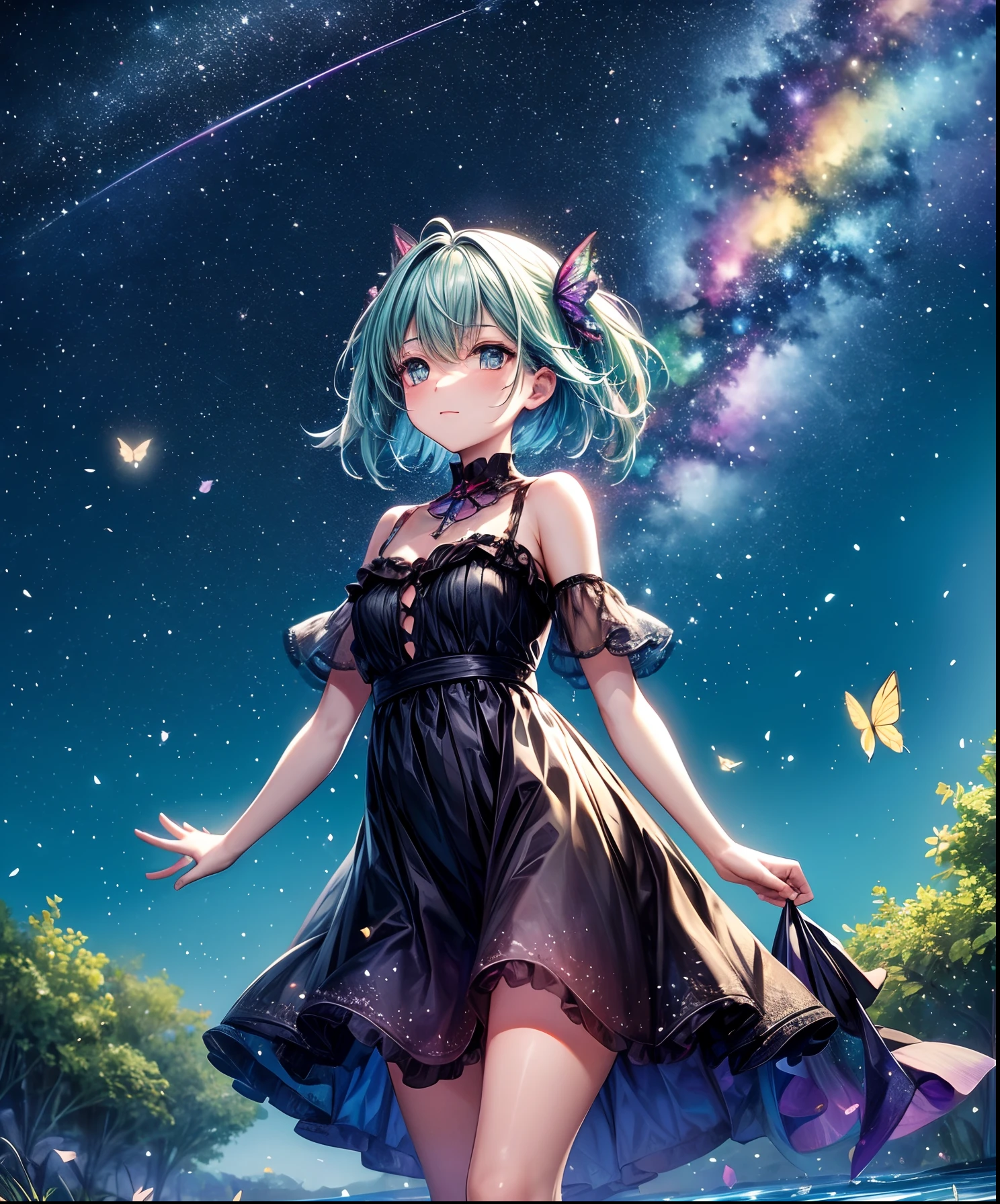 Cute girl characters、Describes a scene with grassy butterflies lying on the water flying around, Looking up at the starry sky. Surround her with colorful nebulae and her favorite constellations.