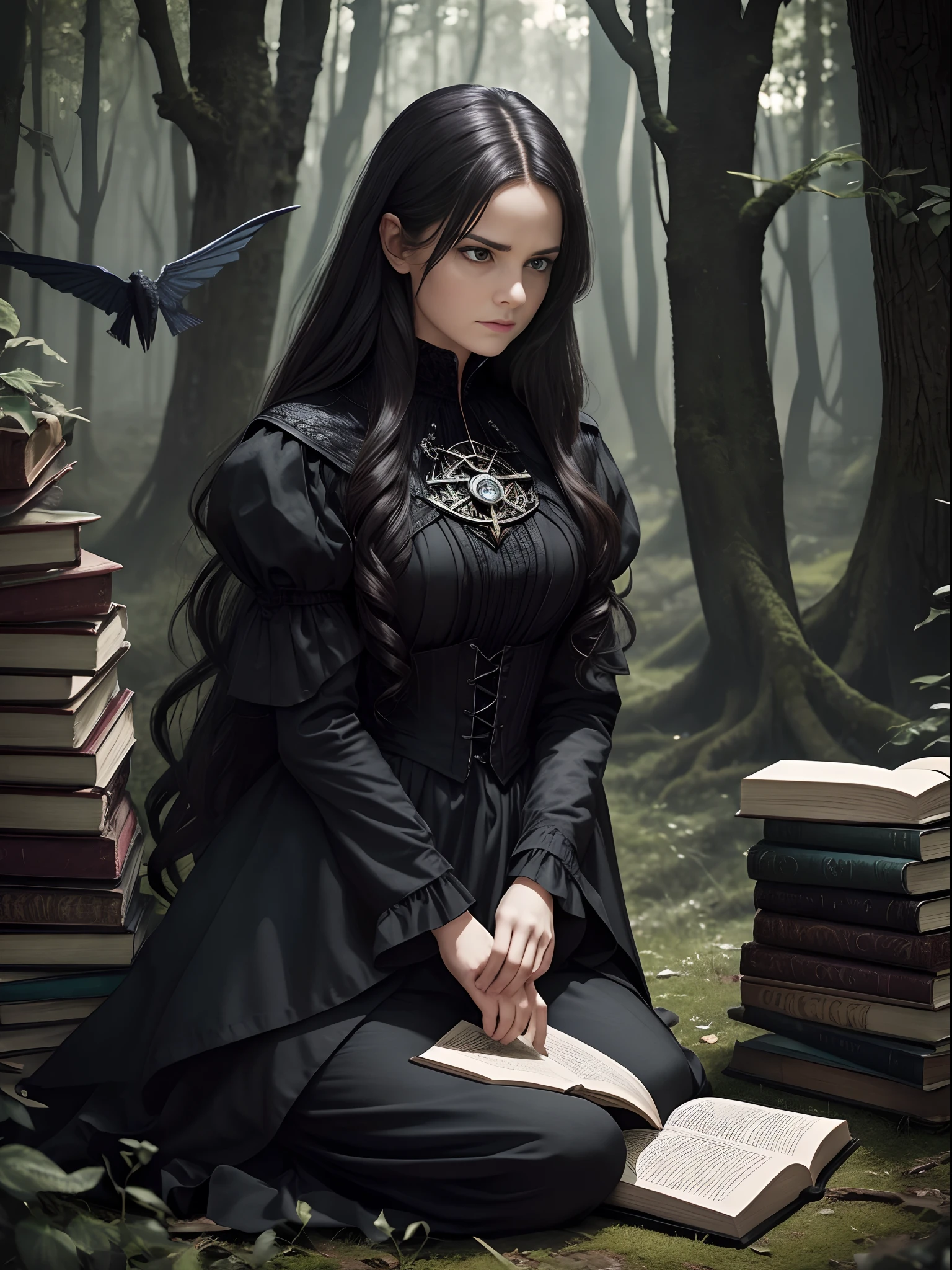 a woman sitting on the ground surrounded by books, flying books, books flying around, spell casting, spell book pose, black gothic dress. Angry face, high quality fantasy, flying magic books, book portrait, dramatic reading book pose, reading, sitting in the forrest