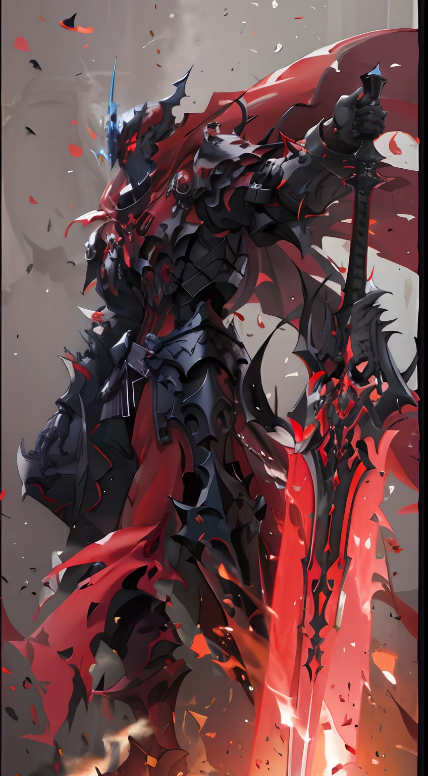 Image of Arafad of a demon knight holding a sword and a red cloak, by Yang J, benedick bana, Guilty Gear strives to splash art, Badass anime 8 K, darksiders art style, High quality digital concept art, From Arknights, 8K high quality detailed art, Black and red armor, persona 5 art style wlop, guilty gear art direction