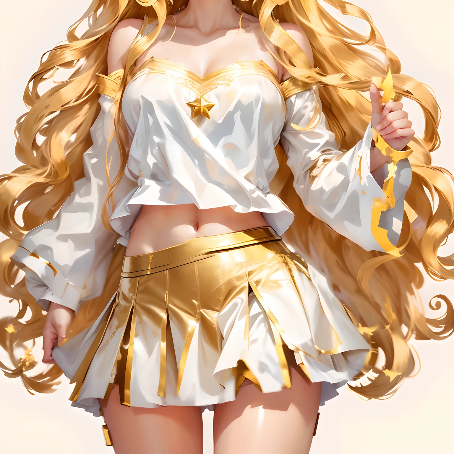 clean and well cared for skin, golden fabric skirt