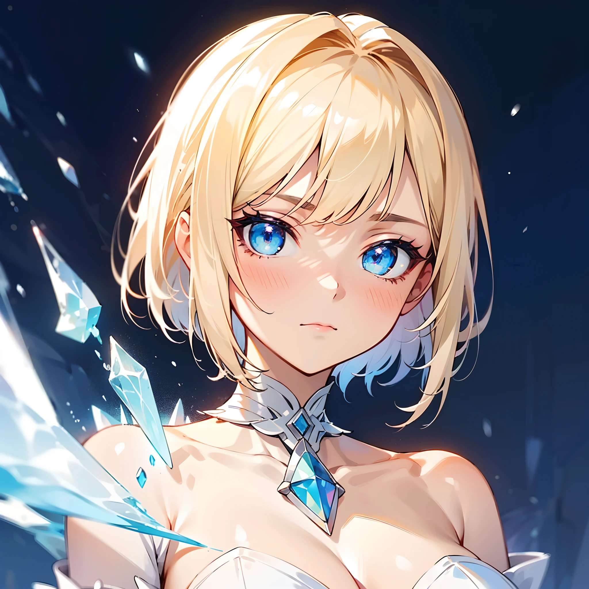 1girl, short blonde hair, blue eyes, white evening dress, white gloves, medium breast, stoic expression, frost, holding ice, ice sorceress, solo, best quality, masterpiece, portrait, snowy background, looking at the camera, from the front, 1result, vibrant, detailed, perfect anatomy, detailed art, high definition, 4k, high resolution