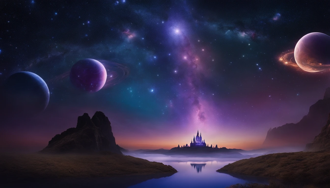 "Picture a mind-bending, magical tableau set amidst the cosmos. In the vast expanse of space, envision a celestial nebula ablaze with vibrant hues of purples, blues, and pinks, creating a galactic tapestry. Floating gracefully within this cosmic symphony is a grand celestial castle made of stardust and crystalline structures. The castle emits a mesmerizing, pulsating glow, accentuated by the backdrop of distant galaxies and swirling constellations. From the castle's towers, imagine iridescent energy ribbons cascading down into a swirling galaxy pool, where mythical space creatures elegantly swim and play. Include an ornate, ancient book floating in zero gravity, its pages revealing the secrets of the universe in shimmering, ever-changing text. This surreal and magical scene encapsulates the wonder and enchantment of the cosmos."