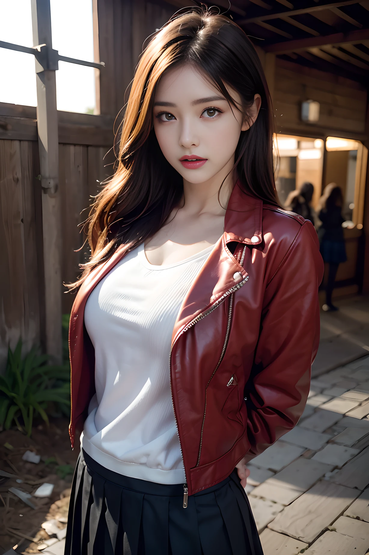 1girl, Beautiful, Amazing face and eyes, makeup, red gloss lips, (extremely detailed beautiful face), (sexiest look), (Beautiful big breasts), (leather jacket, Tight Skirt, knee high:1.2), (Best Quality:1.4), (Ultra-detailed), (extremely detailed CG unified 8k wallpaper), Highly detailed, RAW Photos, Professional Photography, crowded train, Sitting, (Spread your legs), (sheer lace panties), Scenery like a scene from a movie, (watercolor style retro photo:1.7)