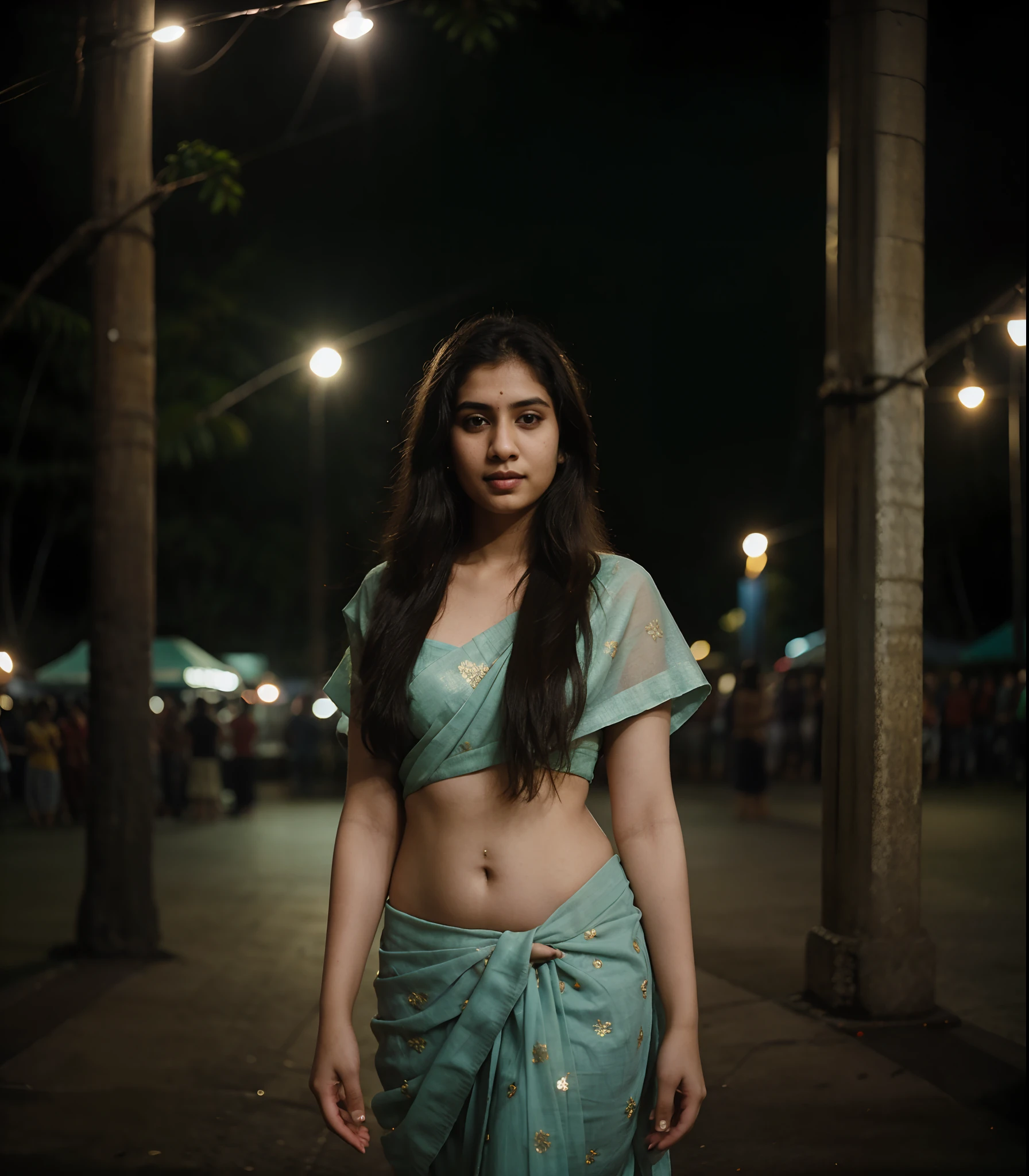 polaroid photo, night photo, photo of 24 y.o beautiful mallu woman, pale skin, bokeh, motion blur, kerala, saree, city realistic background
