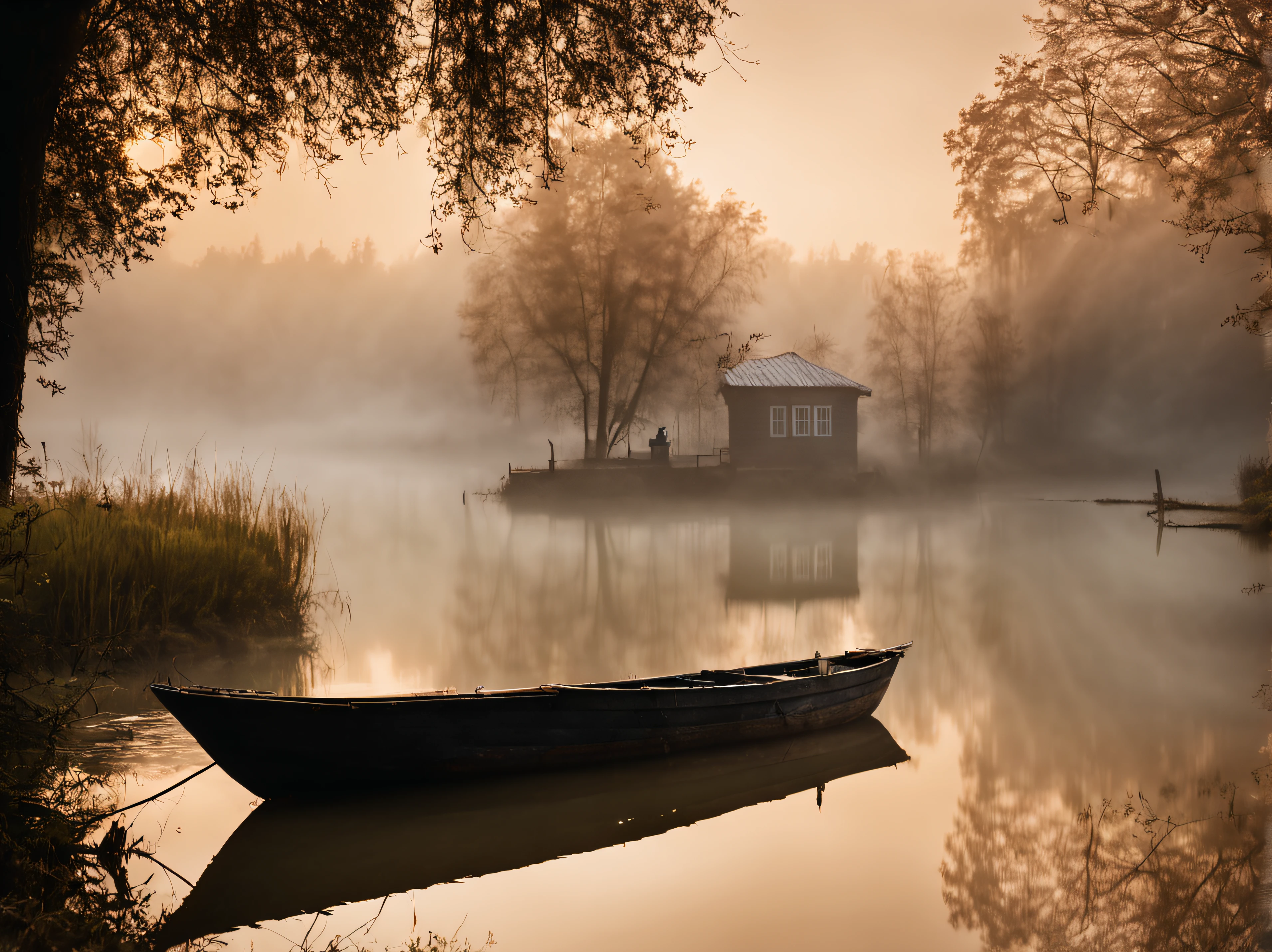 here is a boat that is sitting in the water near a building, a picture by Antoni Brodowski, shutterstock, romanticism, in a foggy lake, in a foggy pond, of a small village with a lake, early morning mood, fog on the water, misty mood, mystical setting, water fog, ukraine. photography, foggy mood, mystical lake real photo detailed