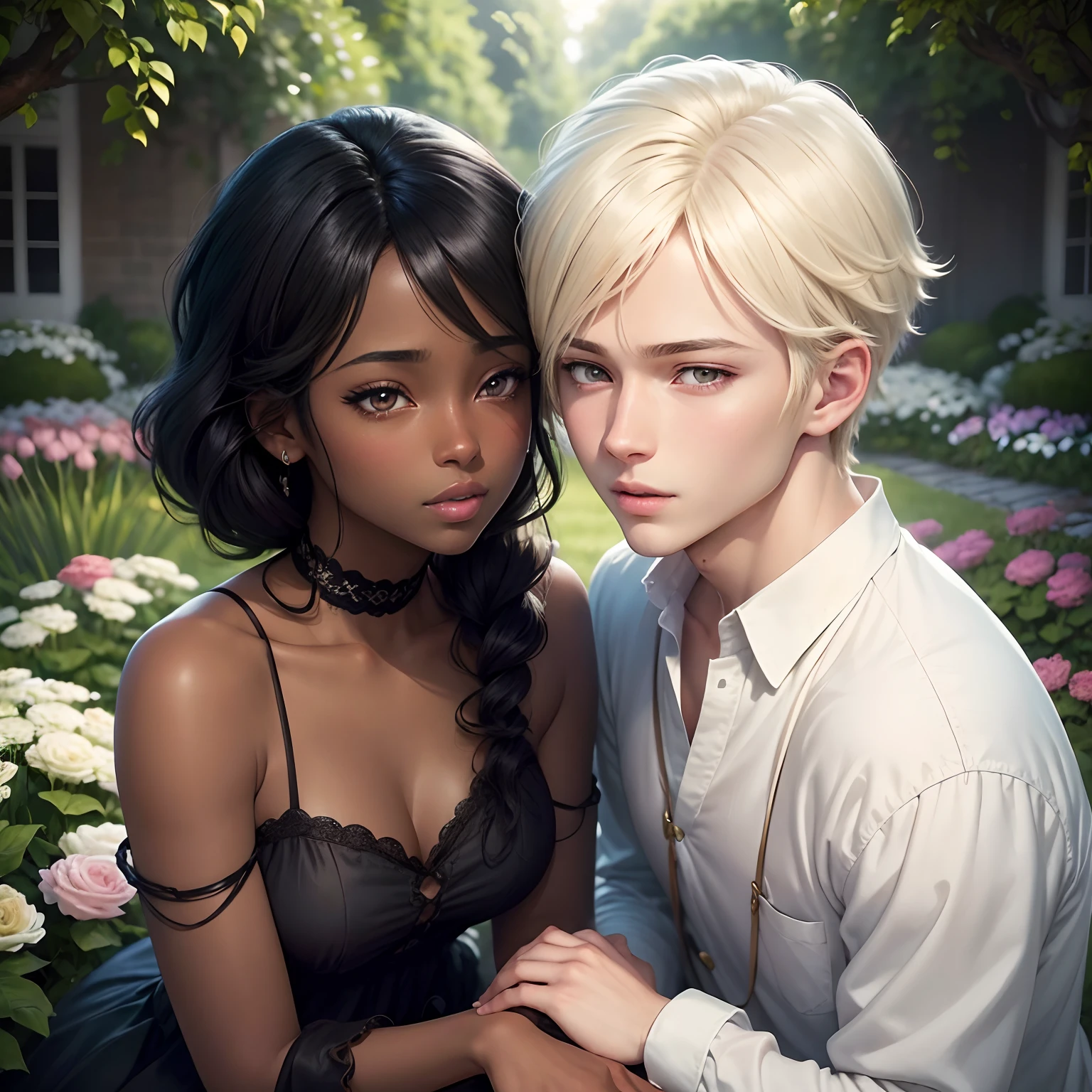Romantic scene of couple kissing on the mouth, no parque, leaning against a tree, um homem ((30 anos,pele caramelo, com cavanhaque, buzz cut)) E mulher ((americana, 25 anos, pale skin and freckles, olhos cinzas, nariz delicado, soft and delicate lips, cabelo blondie cinza longo e ondulado)), ultrarrealista HD altamente renderizado fotorrealista, luz natural do dia, Fuji Camera