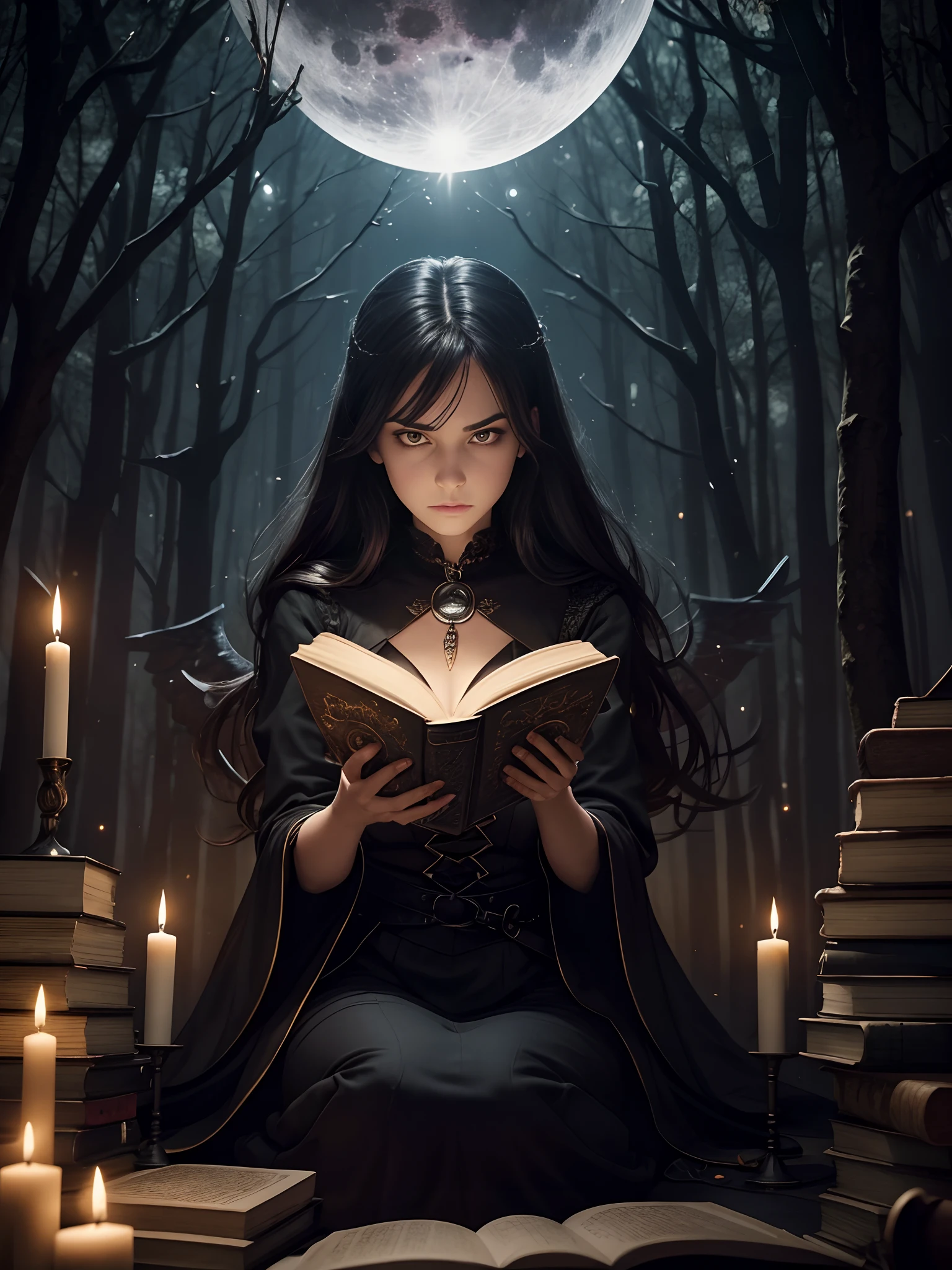a woman sitting on the ground surrounded by books, flying books, books flying around, candles in a circle around her, spell casting, spell book pose, black gothic dress. Angry face, high quality fantasy, flying magic books, book portrait, dramatic reading book pose, reading, sitting in the forrest, night time, moonlight