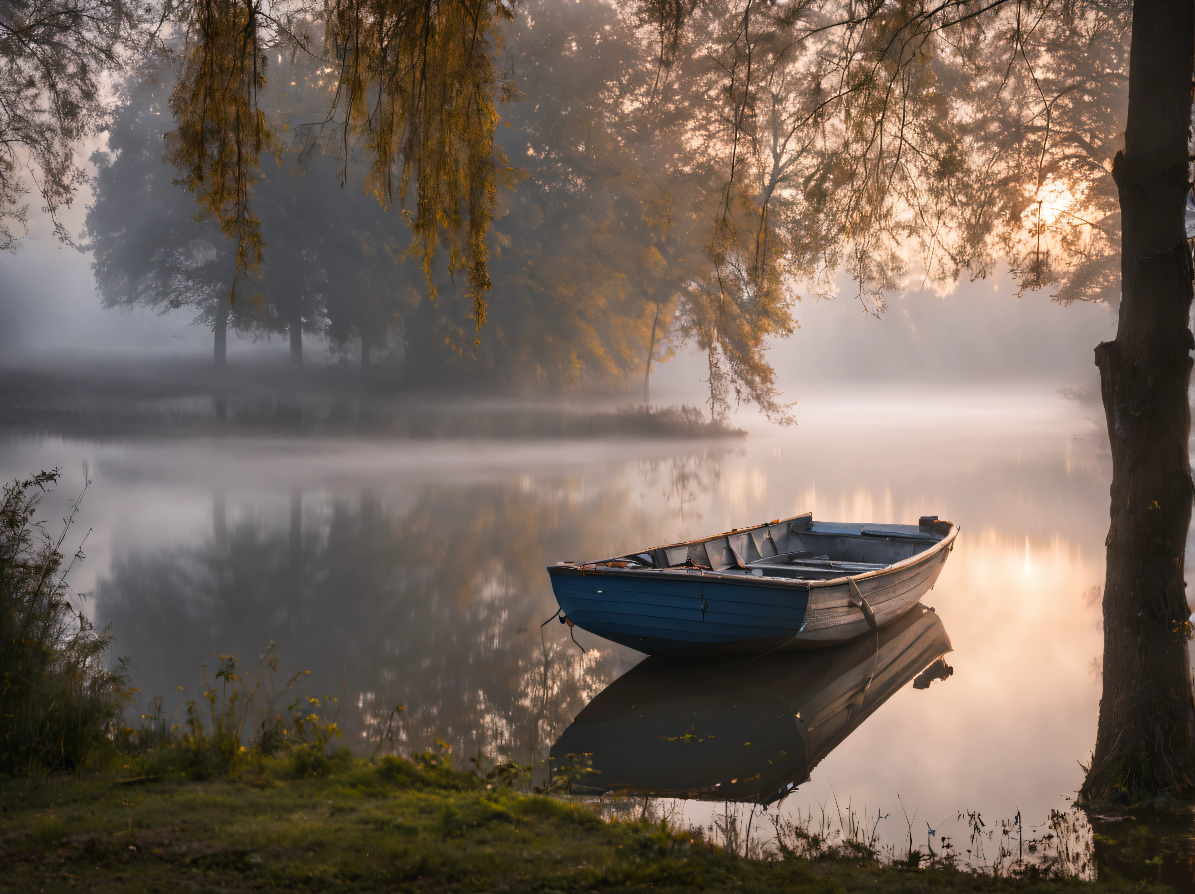here is a boat that is sitting in the water near a building, a picture by Antoni Brodowski, shutterstock, romanticism, in a foggy lake, in a foggy pond, of a small village with a lake, early morning mood, fog on the water, misty mood, mystical setting, water fog, ukraine. photography, foggy mood, mystical lake real photo detailed