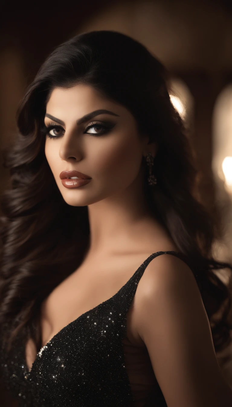 araffe magazine cover featuring a woman with long hair and a black dress, portait of haifa wehbe, inspired by Ambreen Butt, magazine shoot, very attractive and beautiful, jaw-dropping beauty, photoshoot, magazine photoshoot, magazine photo shoot, attractive and beautiful, promotional photoshoot, promotional images, bare, by Ambreen Butt, stuning, magazine photo