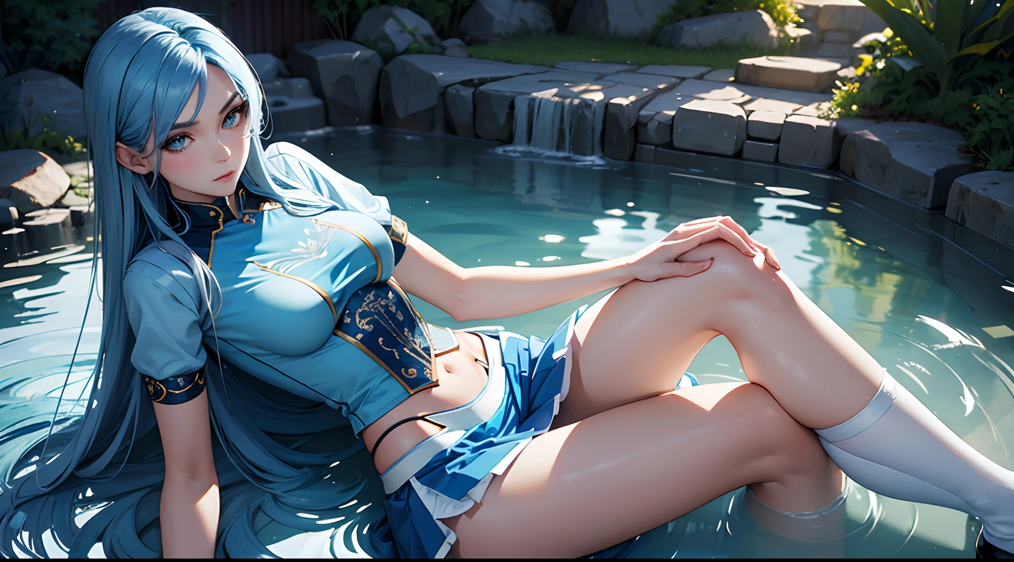 Best quality, masterpiece, realistic, Beautiful sexy cool tall, slim, fit woman, wearing light blue skirt with stockings, fantasy shirt, athletic body, intricate and highly detailed, long blue hair, sexy expression, sitting in a hot spring