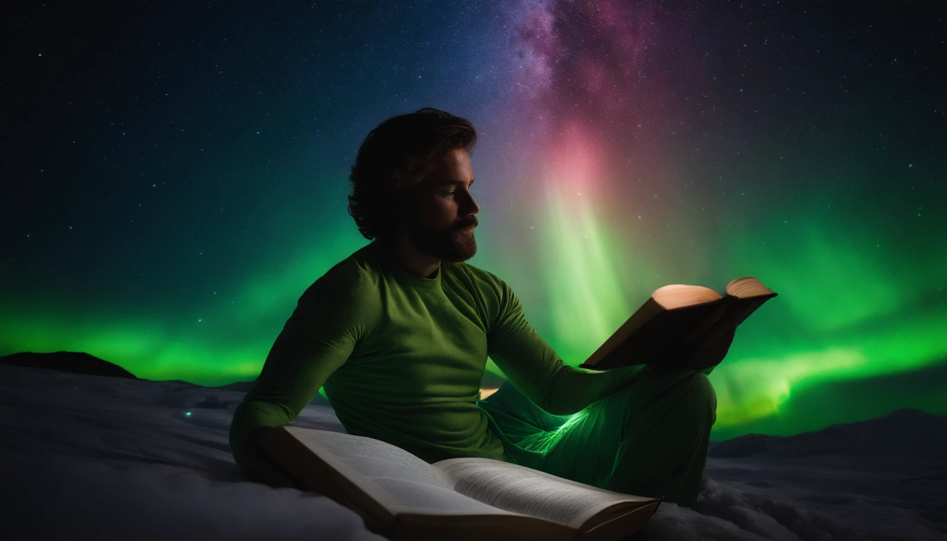 "Envision a breathtaking and magical moment in the vastness of space. Picture an astronaut floating gracefully amidst the stars, surrounded by a mesmerizing, ever-changing aurora borealis. The aurora illuminates the darkness of space with a celestial dance of vibrant colors—greens, blues, and purples—creating an ethereal, shimmering backdrop. The astronaut, clad in a suit adorned with luminescent patterns, seems to be in a state of tranquil meditation, connected to the cosmos. Rays of starlight gently caress their form, enhancing the sense of wonder and magic. Add an ancient, floating book nearby, radiating with cosmic knowledge, its pages adorned with intricate, glowing runes. This scene embodies the awe-inspiring beauty and magic of our universe."