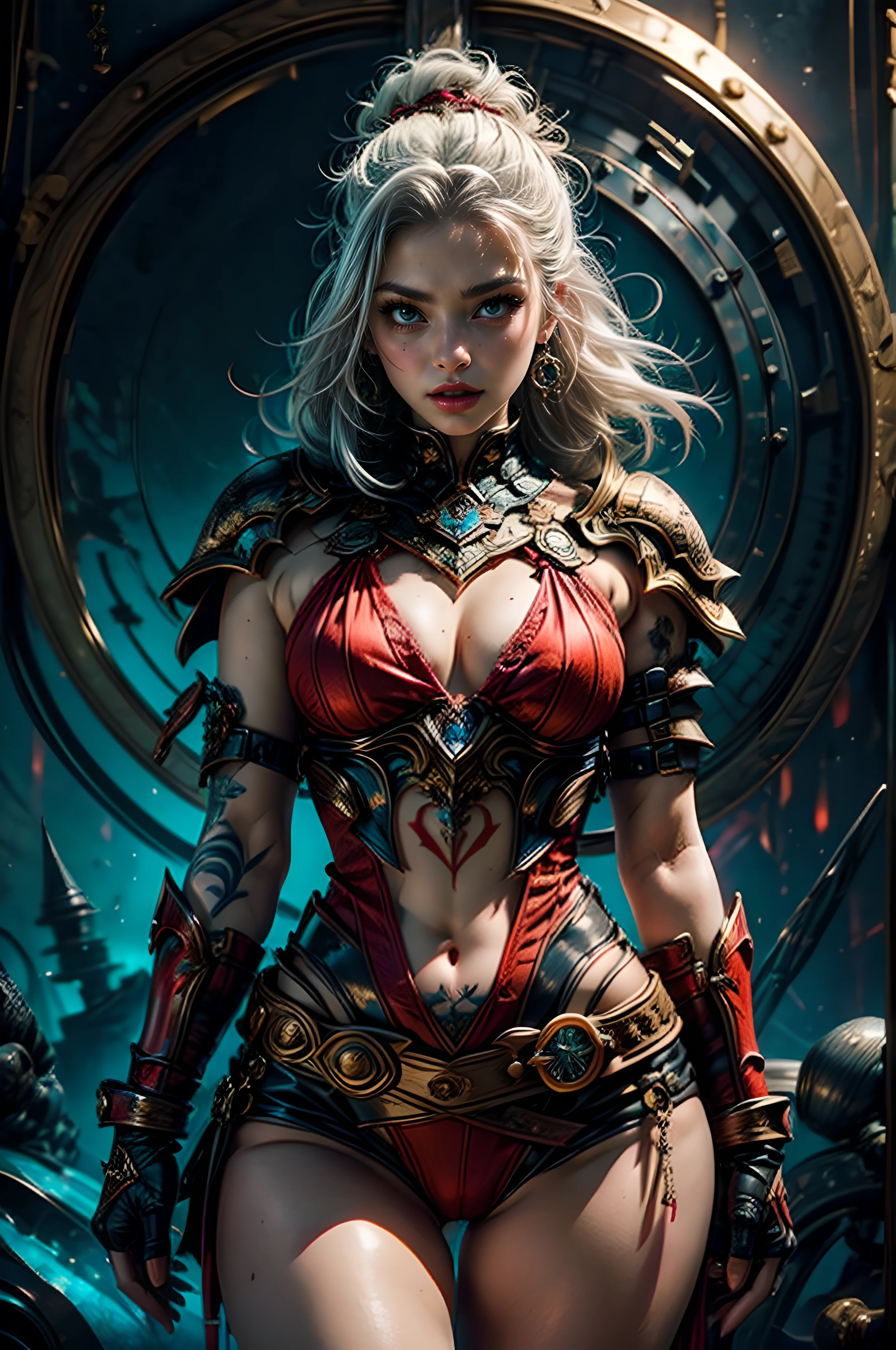 warm colors, A sexy woman in armor, legendary warrior , A beautiful babe, sex pose, erotic design , erotic face, erotic pose, pore white hair, small tits, big eyes, sexy eyes, body covered with tattoo, red lips, sexy lips, sexy face, erotic, erotic pose, FULL BODY