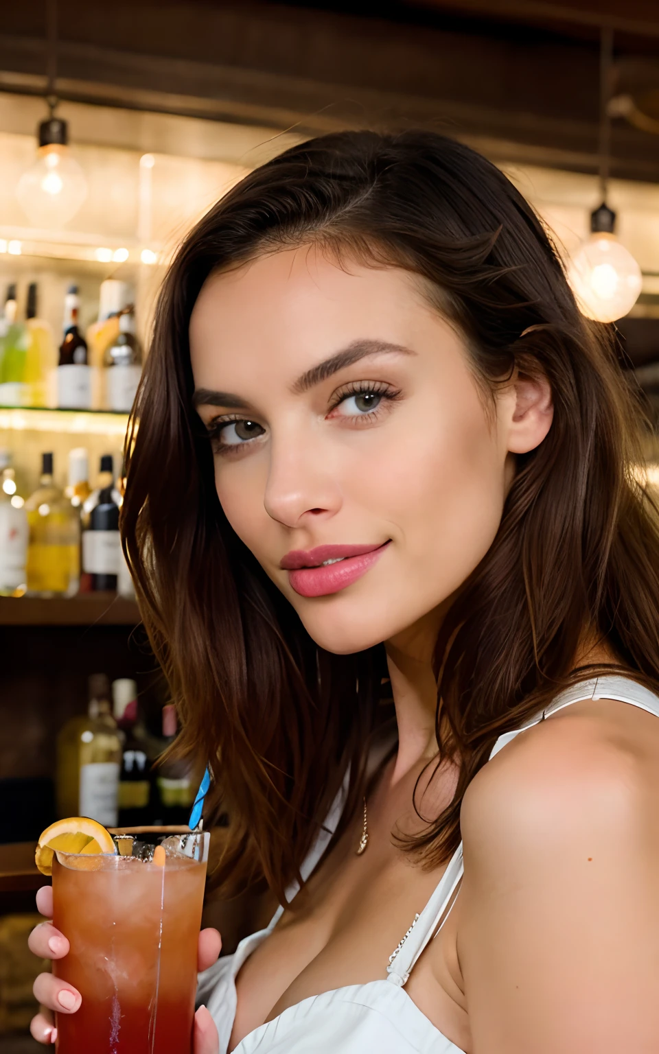 Jolie belle blonde (drinking a cocktail in a trendy bar), highly detailed, 14 ans, visage innocent, naturally wavy hair, yeux bleus, high resolucion, tmasterpiece, Meilleur Qulaity, intricate high detail, highly detailed, mise au point nette, detailed skin, realistic skin texture, texture, detailled eyes, professionnel, 4K, sourire charmant, prise avec Canon, 85 mm, Light depth of field, Kodak Vision Couleur, perfect fit body, extremly detailed, photographier_\(ultra\), photographierréaliste, Realstic, Post-traitement, maximum details, roughness, real life, ultrarealistic, photorealism, photographie, 8K UHD, photographie