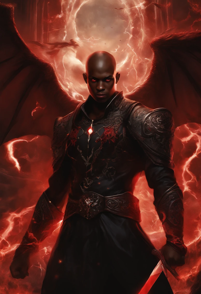 (best quality,highres,masterpiece:1.2),ultra-detailed,(realistic:1.37),(fantasy,kingdom) a black boy(19 years old:1.1) [red eyes], [red power], [tan to black color skin], [black cloth], behind him a [dark power], color eyes red [red eyes power], dark energey black [dark black energy out from his body], his body out from it dark power. fight a lot of devils and demons