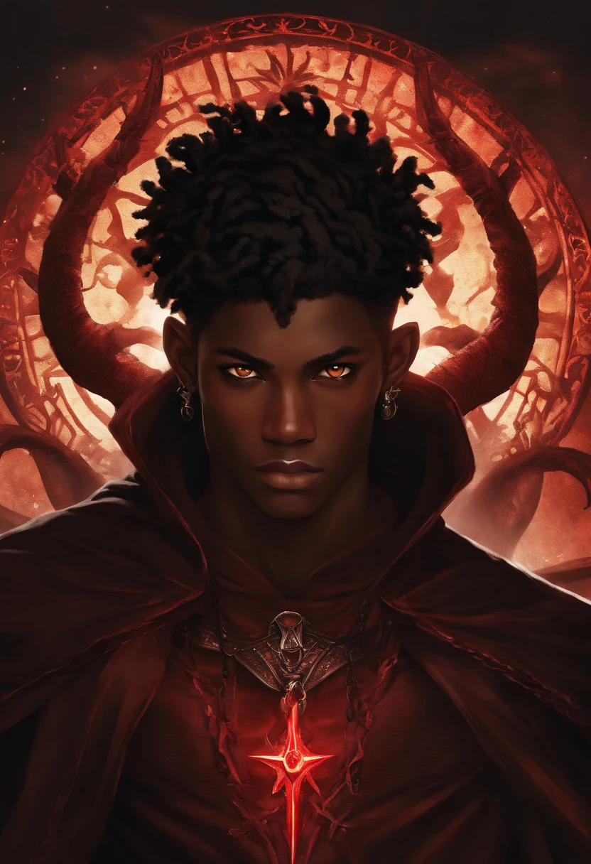 (best quality,highres,masterpiece:1.2),ultra-detailed,(realistic:1.37),(fantasy,kingdom) a black boy(19 years old:1.1) [red eyes], [red power], [tan to black color skin], [black cloth], behind him a [dark power], color eyes red [red eyes power], dark energey black [dark black energy out from his body], his body out from it dark power. fight a lot of devils and demons