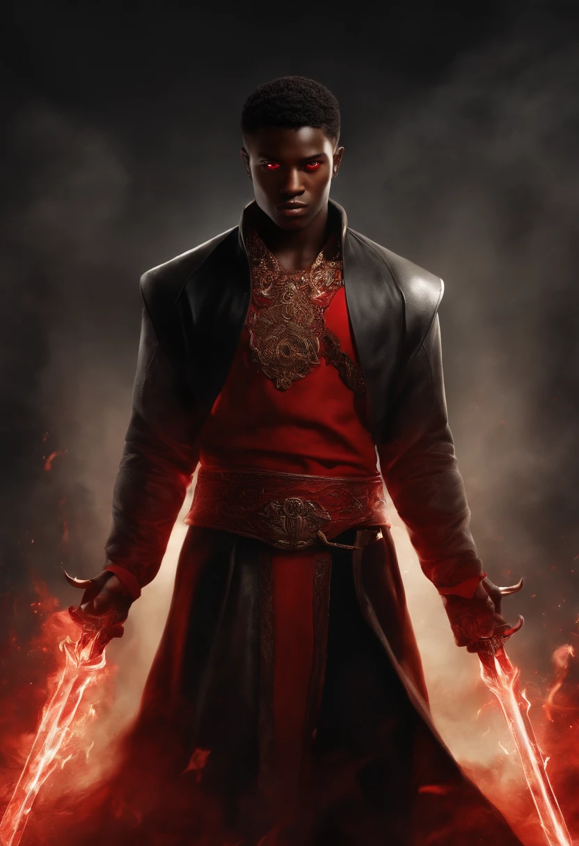 (best quality,highres,masterpiece:1.2),ultra-detailed,(realistic:1.37),(fantasy,kingdom) a black boy(19 years old:1.1) [red eyes], [red power], [tan to black color skin], [black cloth], behind him a [dark power], color eyes red [red eyes power], dark energey black [dark black energy out from his body], his body out from it dark power. fight a lot of devils and demons