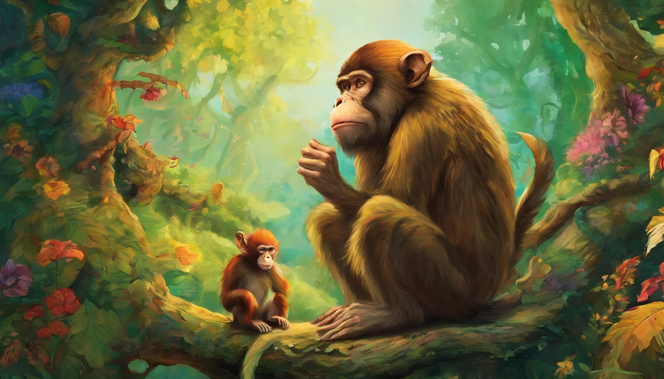 an elderly monkey with a wise appearance, with a tail and an ape-like appearance. Other monkeys and animals around you.
The illustration should radiate a sense of joyful chaos and camaraderie, with vibrant colors and expressive character designs that bring the whimsical nature of the story to life. The forest setting should be lush and inviting, hinting at the adventures that await you in this imaginative world.
