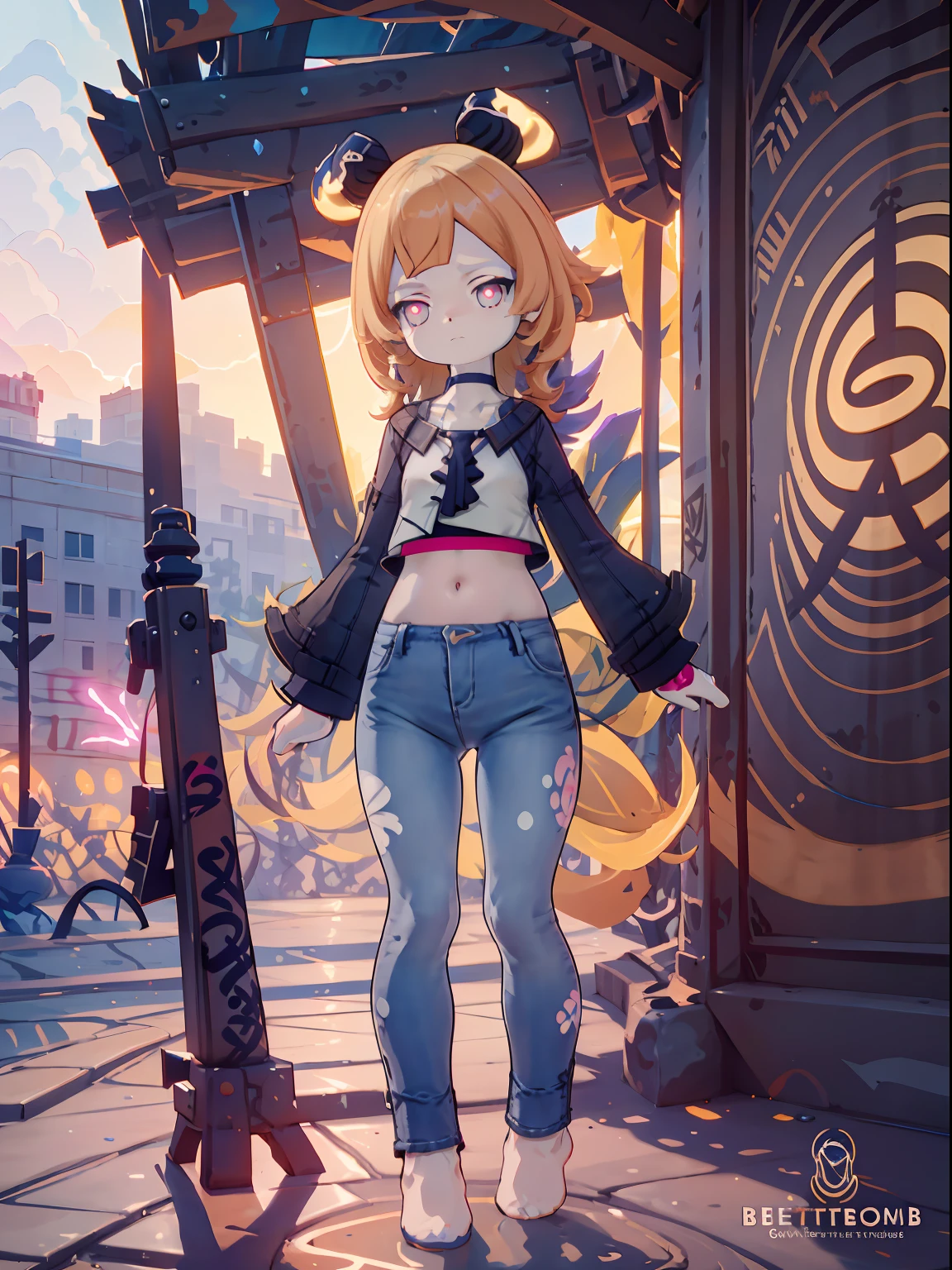 Melousine | genshin impact, master-piece, bestquality, 1girls,25 years old, proportional body, elongated legs, proportional., crop top, Long Jeans, mediuml breasts, ,bara, crop top, choker, (Graffiti:1.5), Splash with purple lightning pattern., arm behind back, against wall, View viewers from the front., Thigh strap, Head tilt, bored, 10, 10, HD,