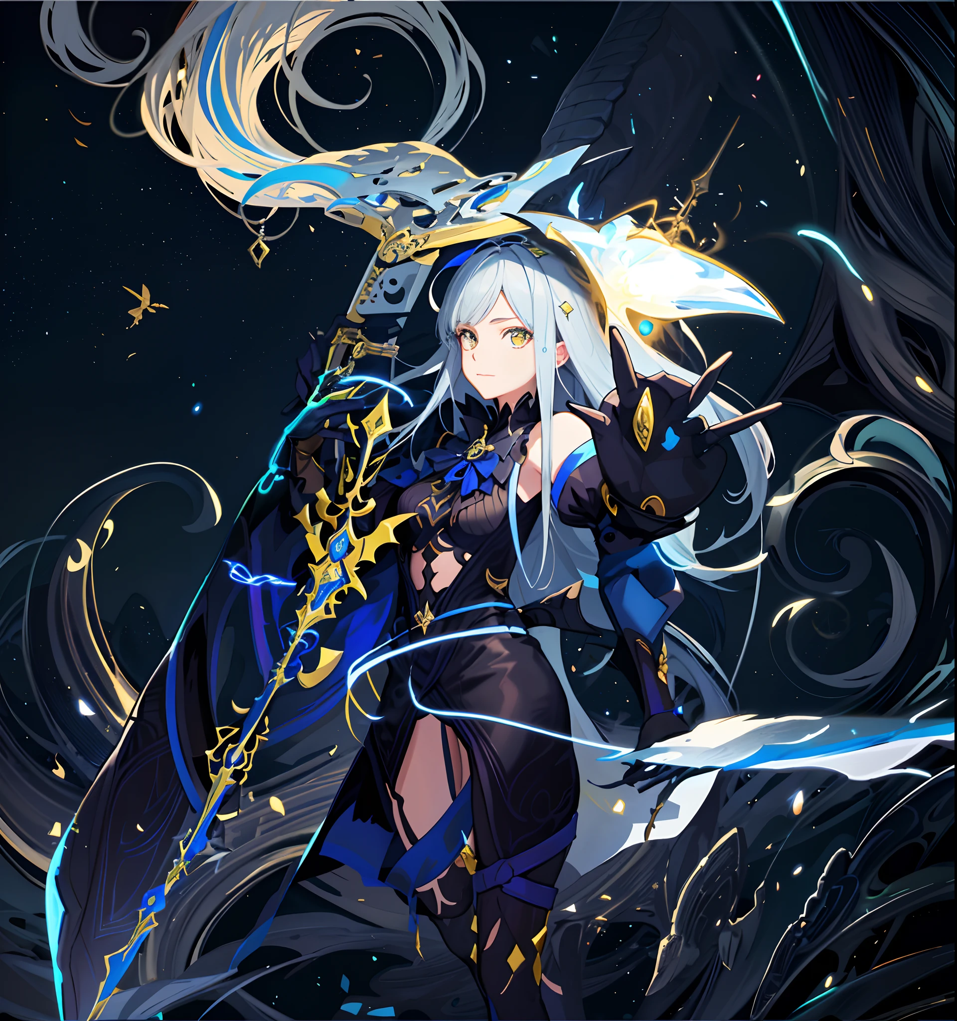 Hay un dibujo de una mujer sosteniendo una espada gigante celestal amarilla, Inspirado por Amano, inspirado por Li Chevalier, Arte Zerochan, sostiene una espada negra, Dark Cloud 2 art style, Ganador del concurso Pixiv, con espada grande, nge dark fantasy, anime in fantasy style, Drakengard, Arte de anime limpio y detallado, Boceto coloreado de alta calidad