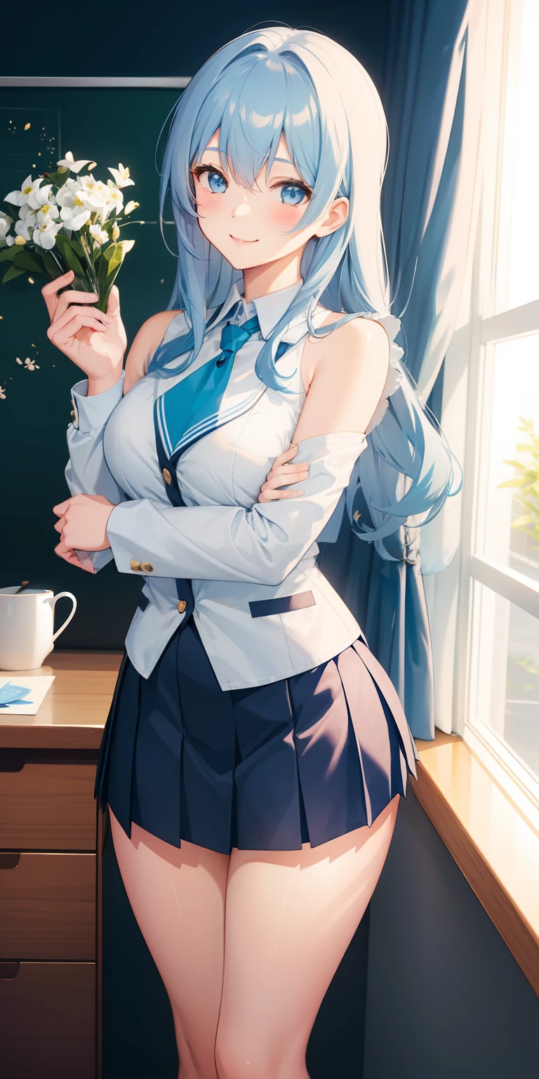 1girl, shoulder-length hair, light blue hair, school uniform, skirt, thighs, smiling, happy, blush face, glowing, sidelighting, wallpaper