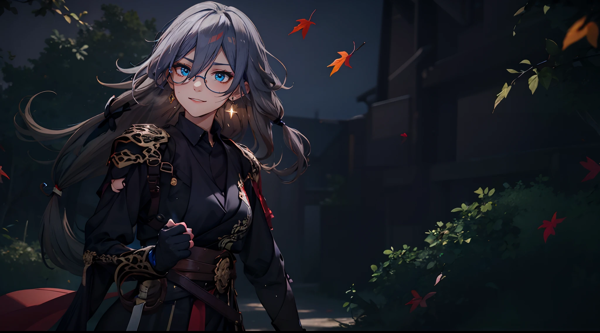 Fu Hua(Rustic Noir), (grey hair, long hair:1.7), (sweating:1.4), glasses, maple_leaf, leaf, autumn_leaves, 1girl, moon, gloves, night, breasts, solo, falling_leaves, looking_at_viewer, black_gloves, holding_leaf, outdoors, makeup, autumn, sky, long_sleeves, night_sky, holding, large_breasts, tree, standing, jewelry, ribbon, dress, lipstick, glow effects, godrays, Hand drawn, render, 8k, octane render, cinema 4d, blender, dark, atmospheric 4k ultra detailed, cinematic, Sharp focus, big depth of field, Masterpiece, colors, 3d octane render, 4k, concept art, trending on artstation, hyperrealistic, Vivid colors, extremely detailed CG unity 8k wallpaper, trending on CGSociety, Intricate, High Detail, dramatic