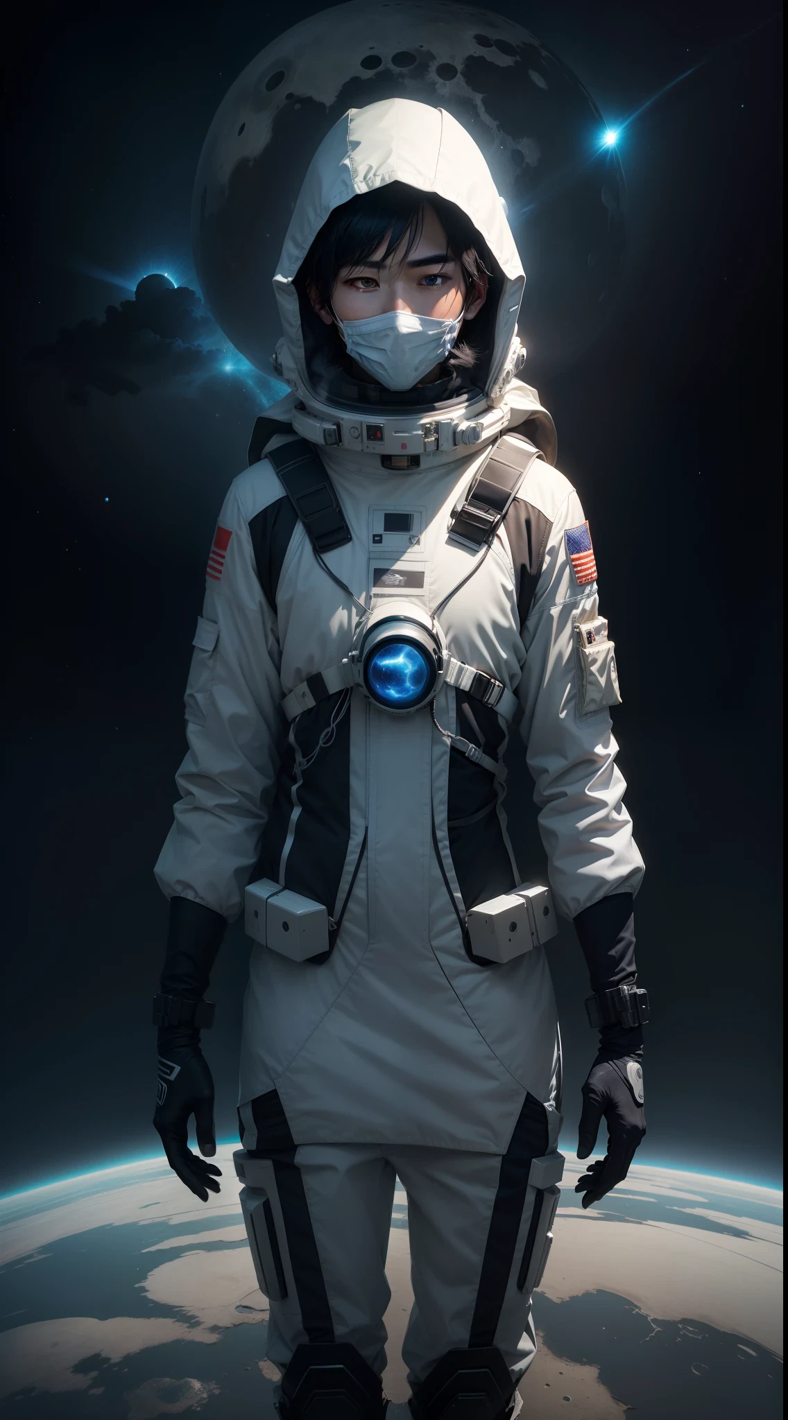 Two-dimensional style boy Space sci-fi Delicate facial features Japan man Mysterious man Cover head Cover face I can't see my face Moon wearing a mask