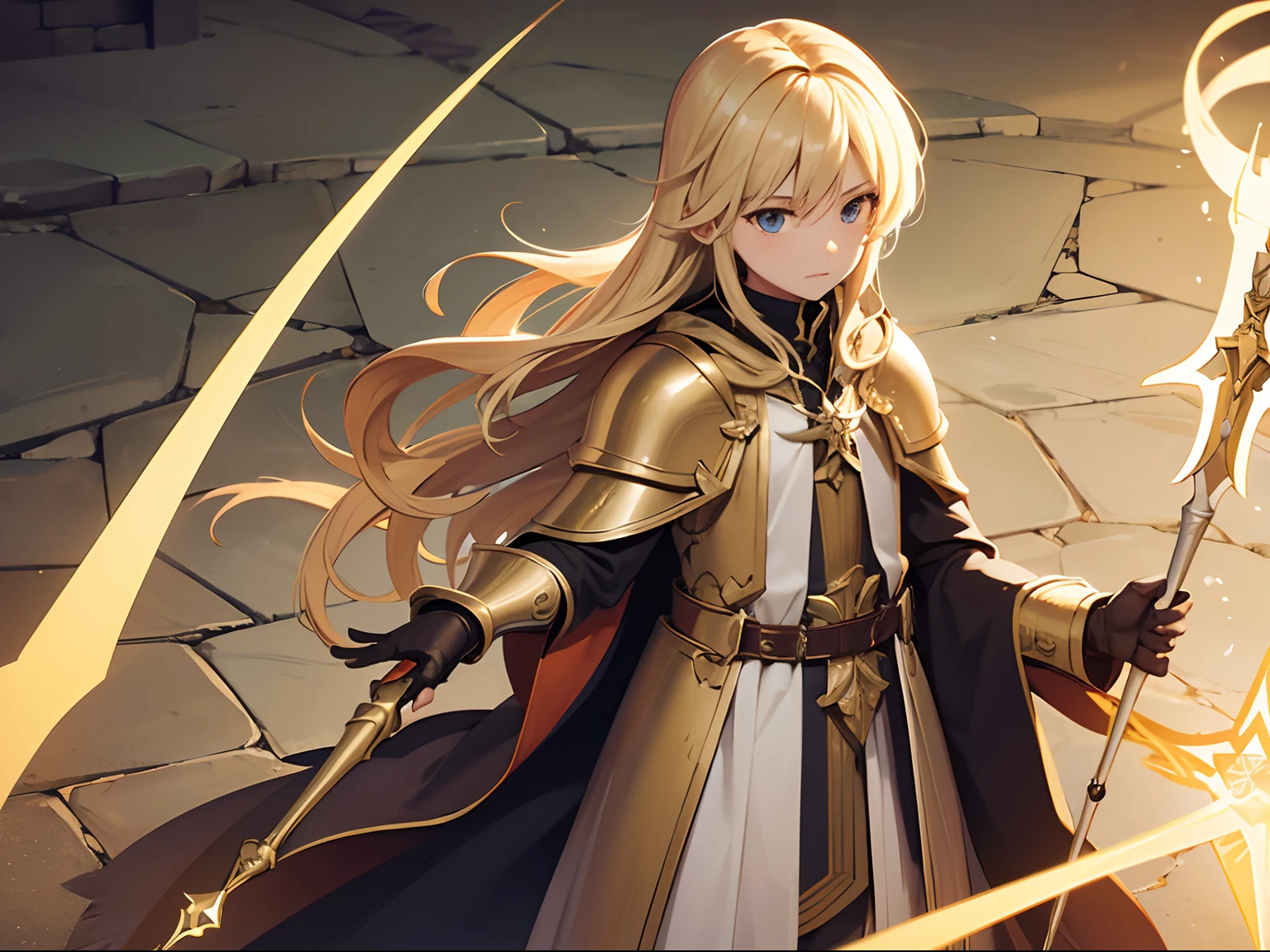 (masterpiece, best quality) 1boy, age 13, long blond hair, looking to the side, cloak, light armour, wielding wizard staff, from above,
