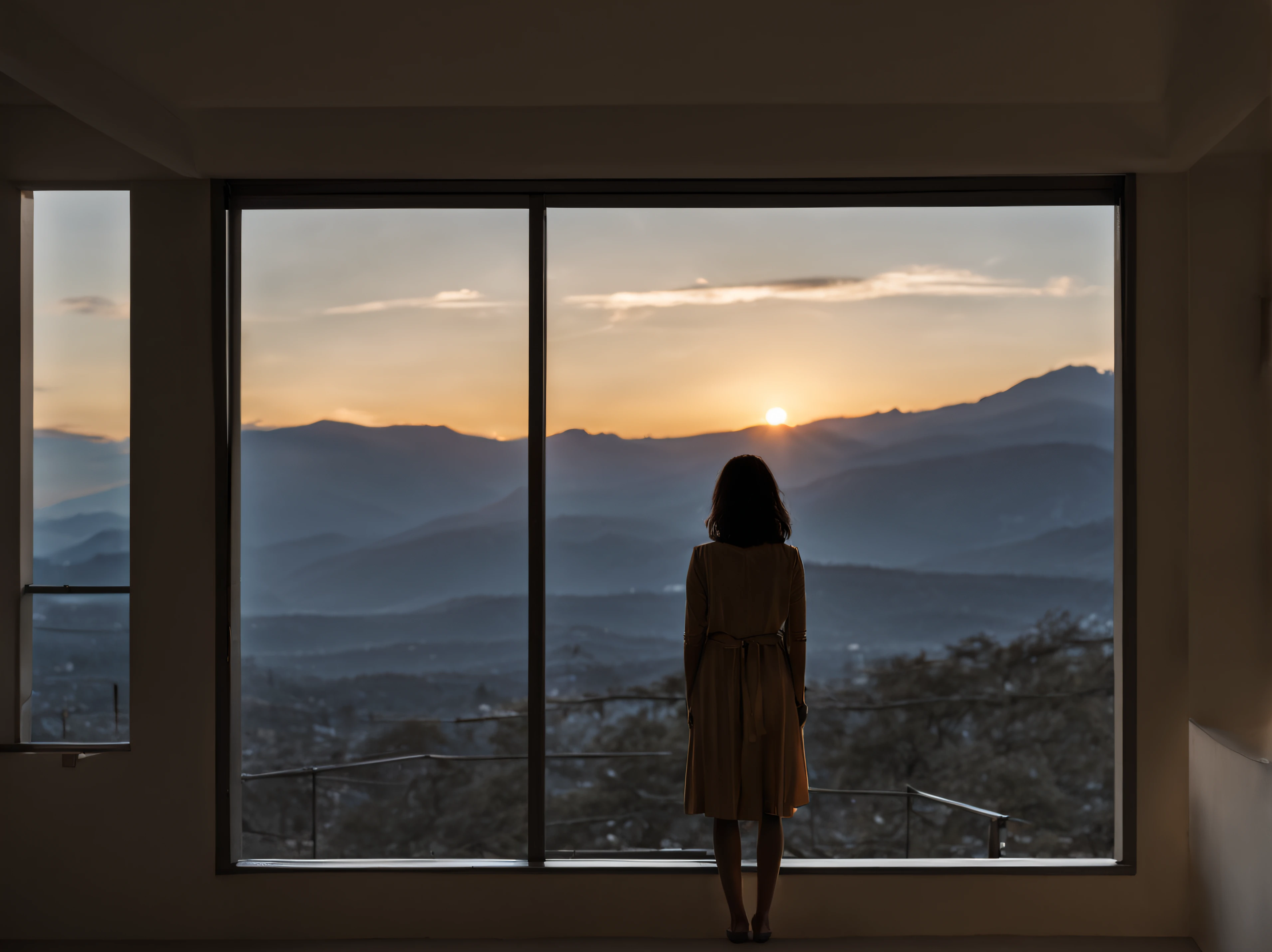 arafed woman standing in a room with a view of mountains, standing near a window, looking out, looking out at a sunset, looking outside, looking out a window, woman silhouette, standing in a dimly lit room, looking at the mountains, looking in front, looking at the city, looking out of the window, looking out the window, looking out window detaled photo