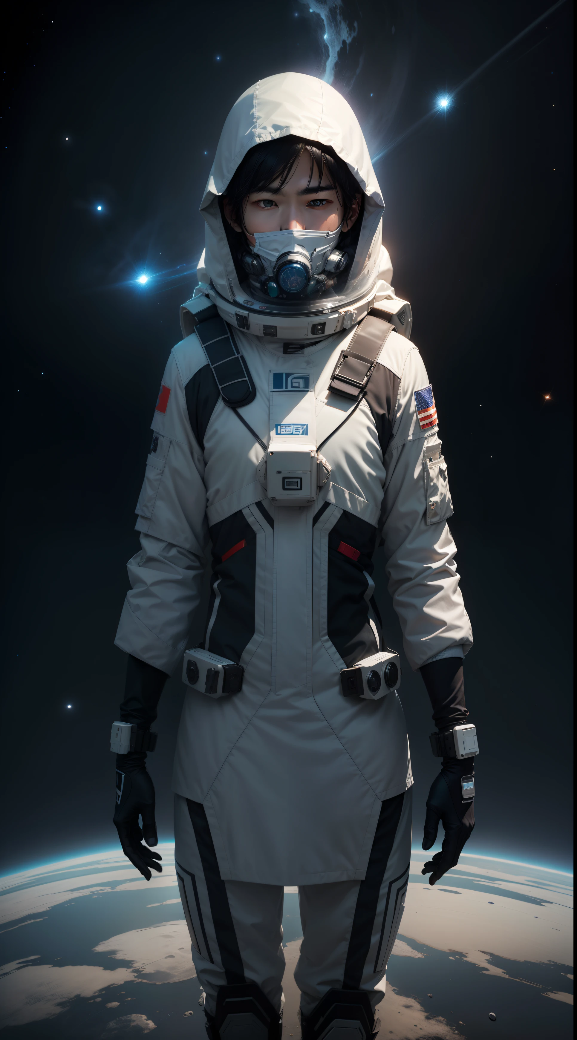 Two-dimensional style boy Space sci-fi Delicate facial features Japan man Mysterious man Cover head Cover face I can't see my face Moon wearing a mask