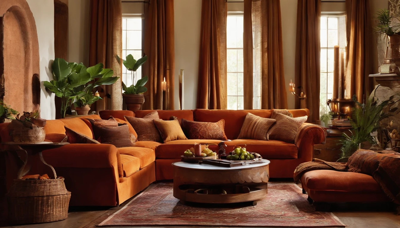 Create a living room, Use warm colors, Soft textile elements, Use two candles, Place books and magazines on wooden shelves, Two decorative pillows, Place one plant, soft light, Curtains, Photos & Pictures.