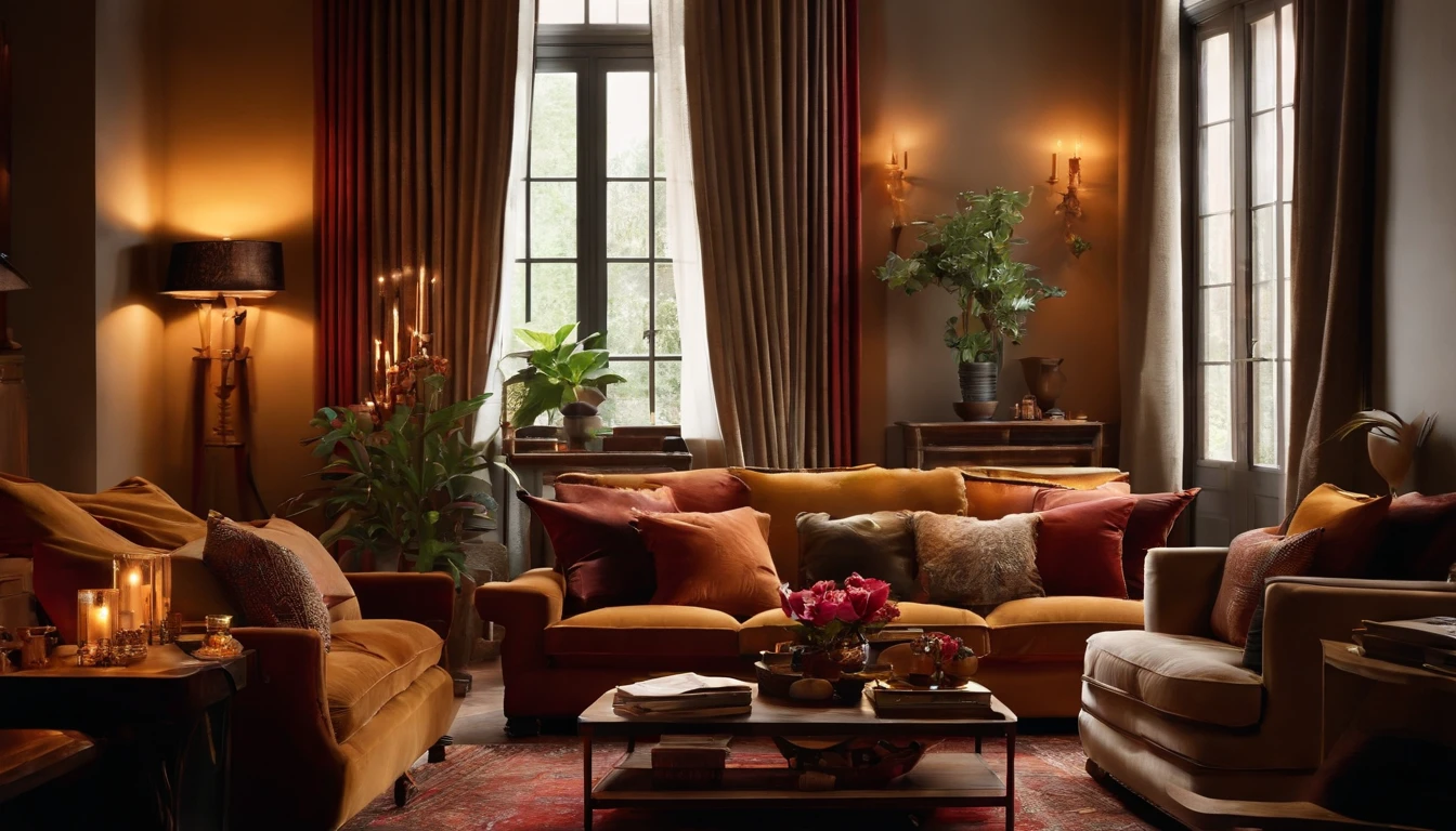 Create a living room, Use warm colors, Soft textile elements, Use two candles, Place books and magazines on wooden shelves, Two decorative pillows, Place one plant, soft light, Curtains, Photos & Pictures.