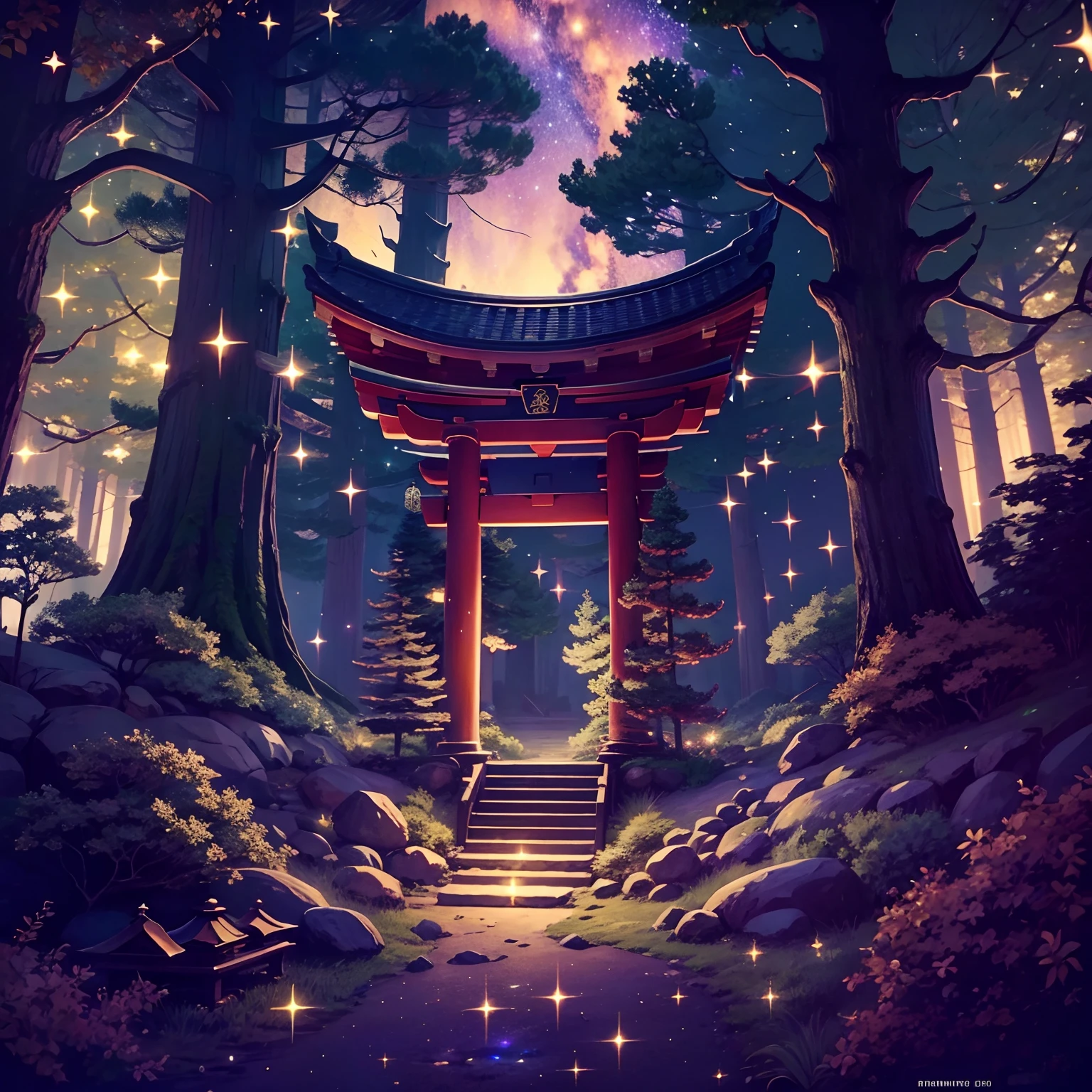 (Starry night,Un bosque tranquilo,Peaceful atmosphere,Mystic Shrine),8K resolution),In a Japanese anime style，ln the forest，shrines，warmth，serene。