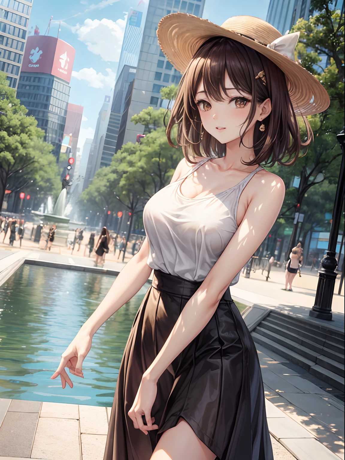 top-quality、Full limbs、complete fingers、one beautiful women、Beautiful Large Breasts、Medium Hair、((Random hair))、Brown hair、Black Sleeveless Top、Long skirt in beige color、Shibuya、a park、The fountain、sexypose、Crisp face、Fashionable hats、Sitting on a bench