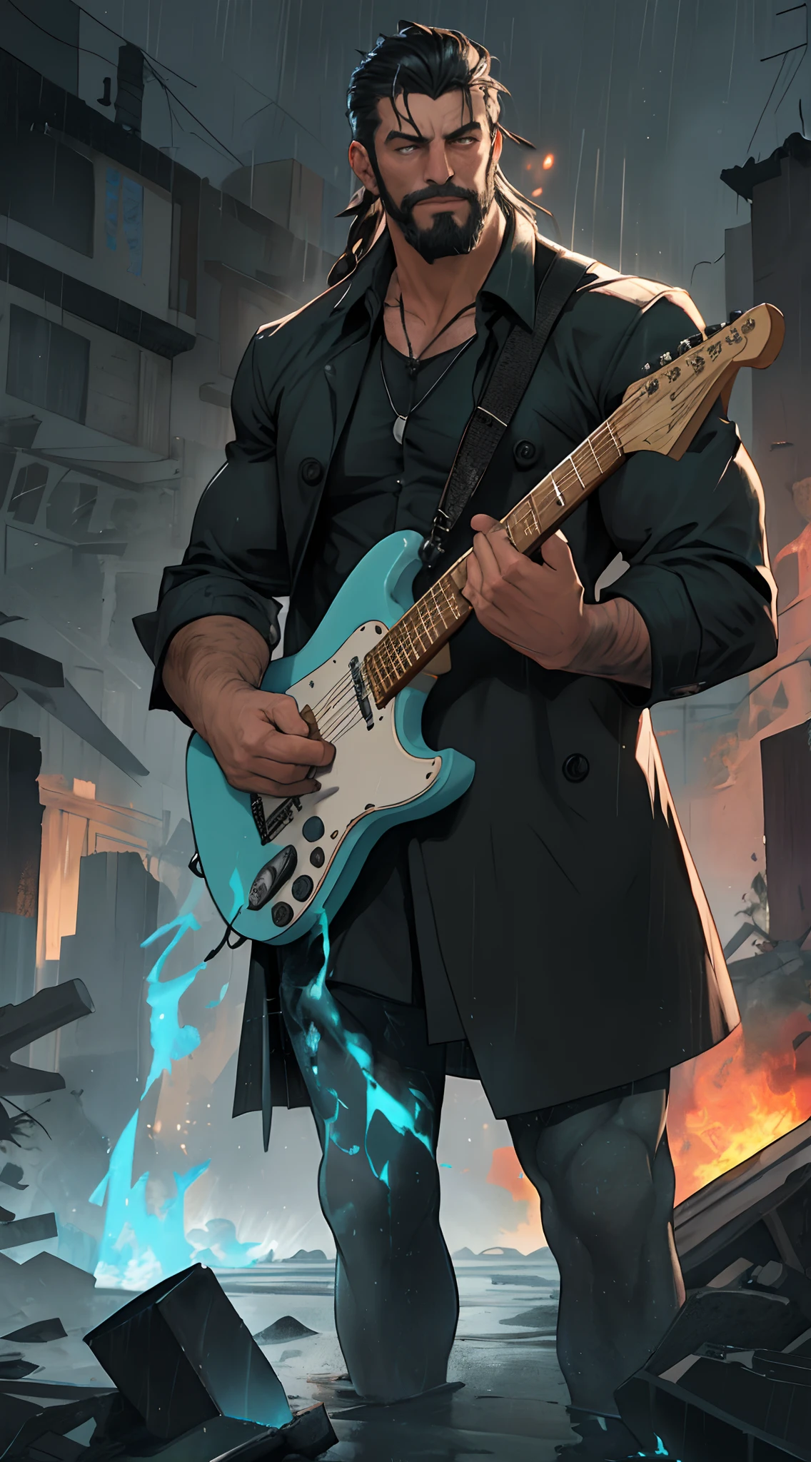 There is a man playing the electric guitar on room of ruin, it rains and smoky, midnight blue neon foggy sky, broken glass flame, bonfire of drums are there, he gets wet in the rain, droplets, gigachad muscles, wearing a shoulder-padded dark deep green trench coat, wearing black dress shirt as inner, muscular men , male art, Eric Clapton, Commission for high resolution, Very heavy vignette!!!,hard ,Nothing is worn, slight laugh,veiny muscles,,shaggy lumpy body,Silver Plate Tag Necklace,Dad with extreme muscle mass,Black little long shaved side hair,Cropped beard face, little laugh, Around 50 years old,tanned brown skin,ultra-detailliert,High quality,Realistic and smooth skin texture,Photorealistic Dandy Guy,Light and shadow