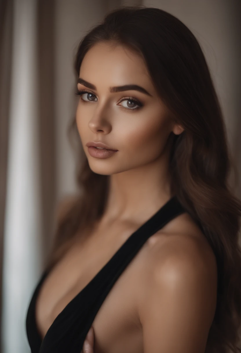 arafed woman with black clothes, sexy girl with brown eyes, portrait sophie mudd, brown hair and large eyes, selfie of a young woman, bedroom eyes, violet myers, without makeup, natural makeup, looking directly at the camera, face with artgram, subtle makeup, stunning full body shot, in gallery in front of the shops, cleavage