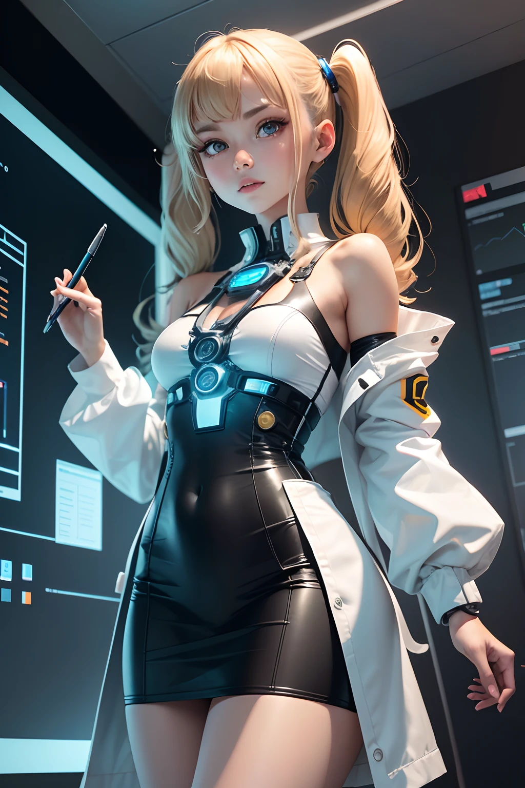 Cyborg teacher with mechanical arms and bionic eyes, Wearing a white off-the-shoulder lab coat and holding a holographic tablet, Stand in front of an interactive digital whiteboard, She shows complex graphics and formulas, While teaching a class of students with augmented reality headsets and smart bracelets, in modern, Lighted classroom, With windows to create a futuristic cityscape with skyscrapers and flying vehicles. Petite girl with blonde twin tails