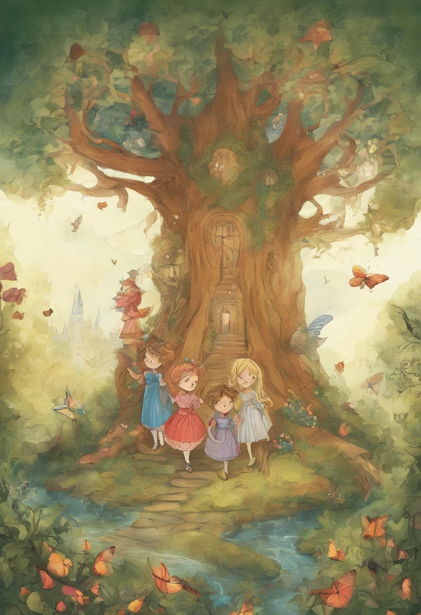 A painting of a group of children standing in front of a tree - SeaArt AI